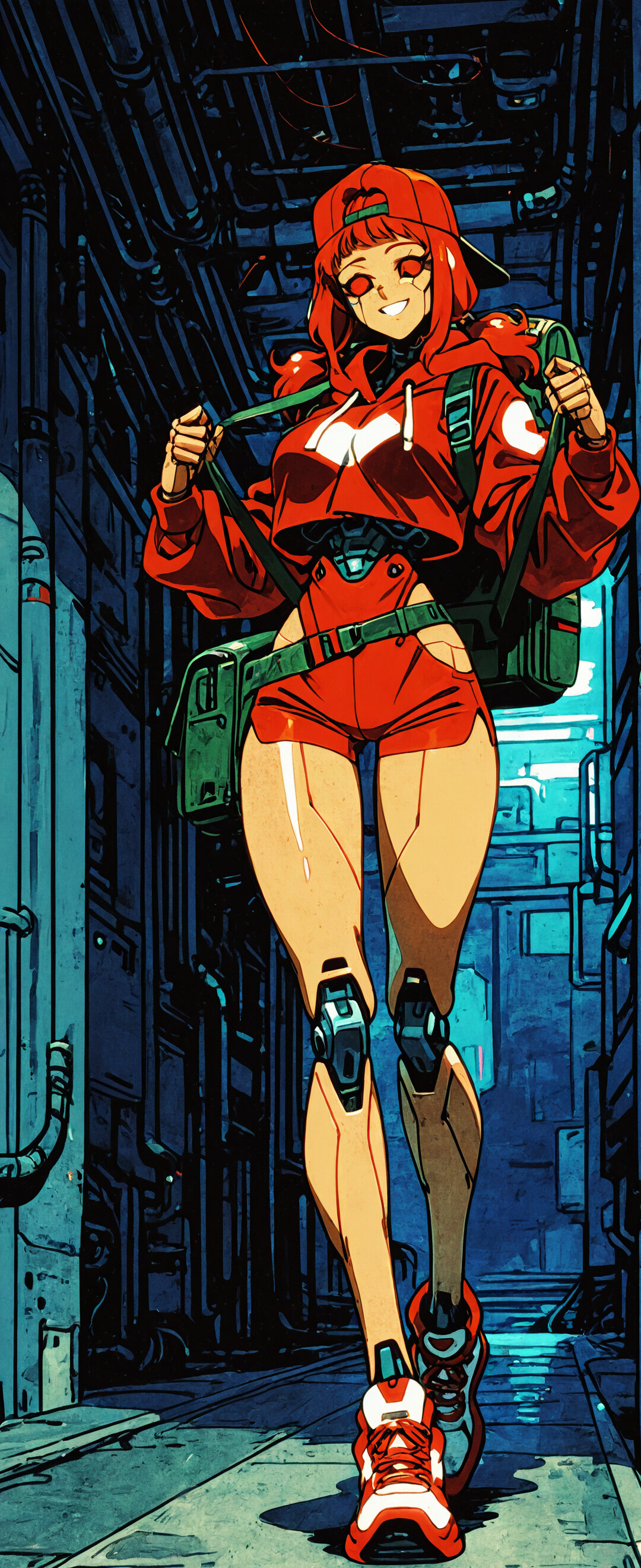 A full-body illustration of a smiling female android with red hair and blue eyes in a cyberpunk city. She wears a red cropped hoodie, shorts, a backwards red cap, and a yellow backpack. Her legs and midsection are visibly robotic, and she leans against a wall in a dark, neon-lit alley.