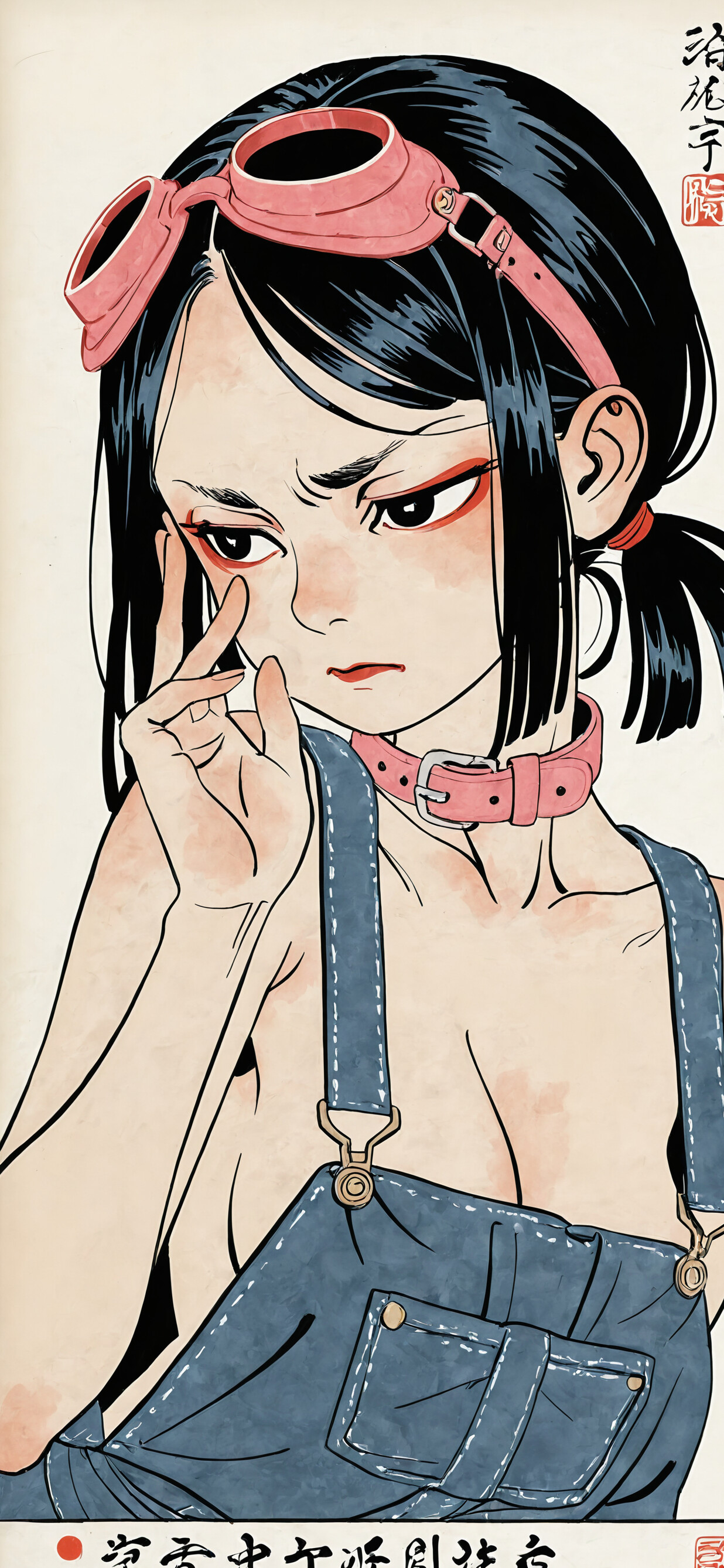 A close-up illustration of a young woman with long black hair and bangs, wearing large pink goggles and a pink choker. She is touching the goggles with one hand and looking directly at the viewer with a serious expression.