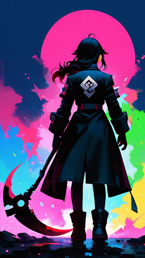 A female anime character, as a version of Qrow Branwen from RWBY, wearing a black trench coat, face mask, and neon sunglasses, stands in front of a colorful cyberpunk city holding a large, glowing scythe.