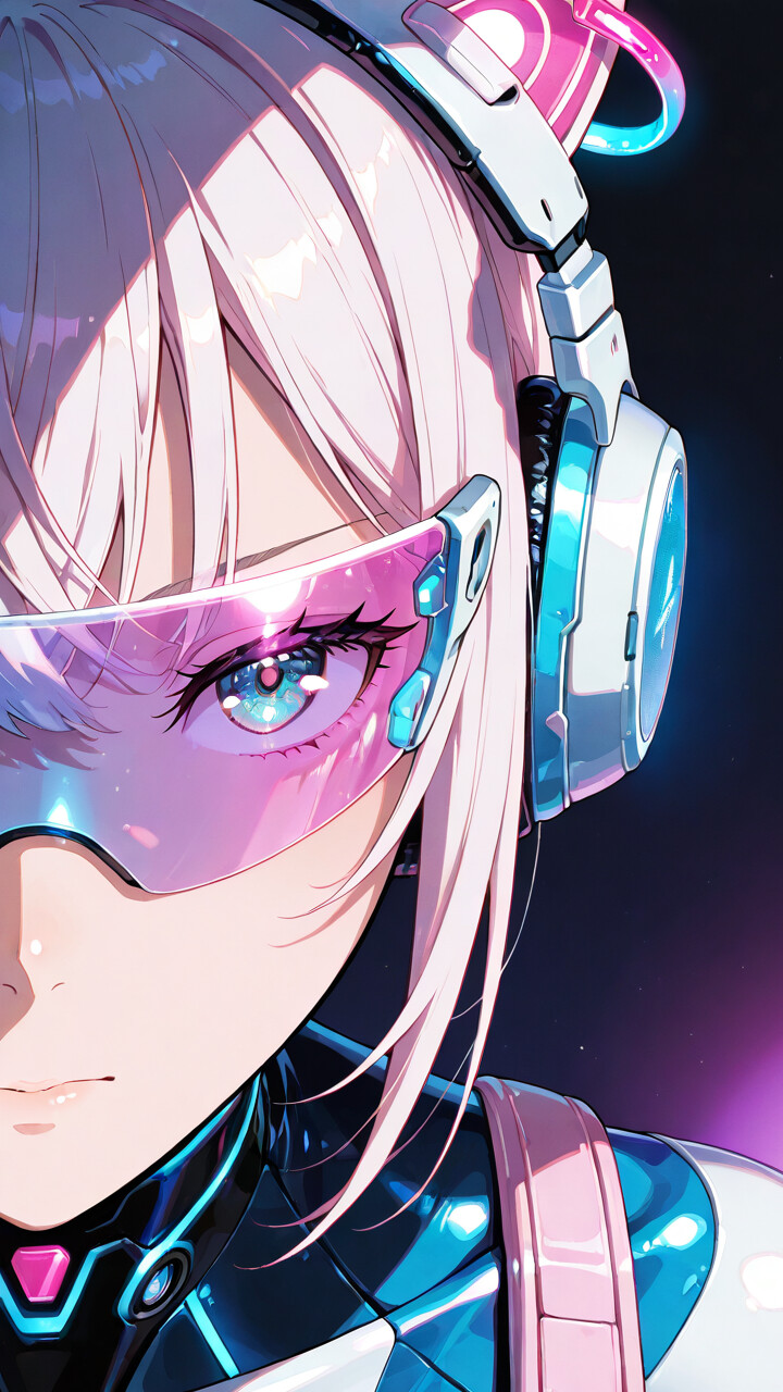 A close-up anime-style portrait of Sangonomiya Kokomi with pink hair, wearing a futuristic blue visor, large white headphones, and a sleek pink and white bodysuit against a dark background.