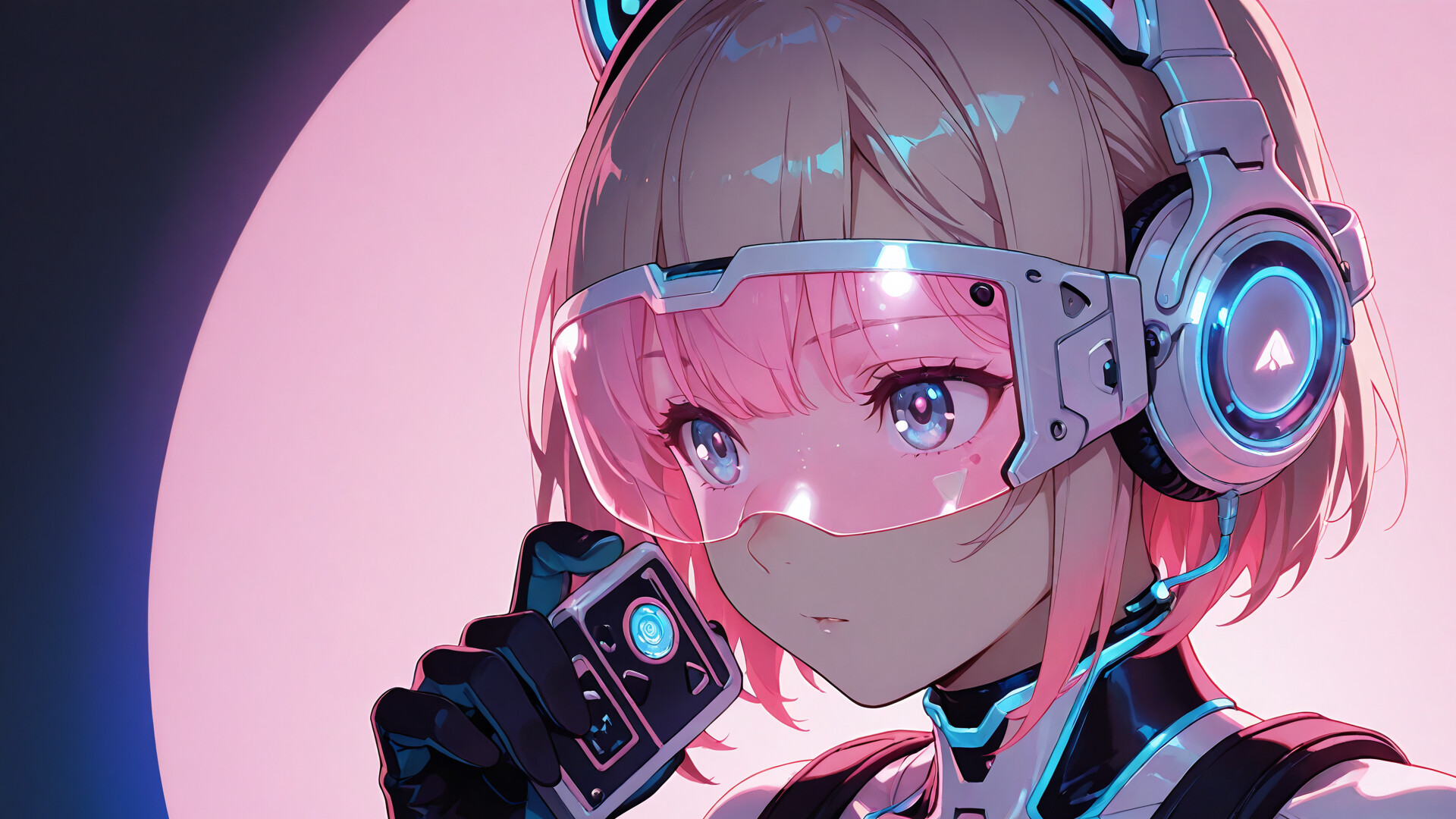 A close-up anime-style portrait of Sangonomiya Kokomi with pink hair, wearing a futuristic blue visor, large white headphones, and a sleek pink and white bodysuit against a dark background.
