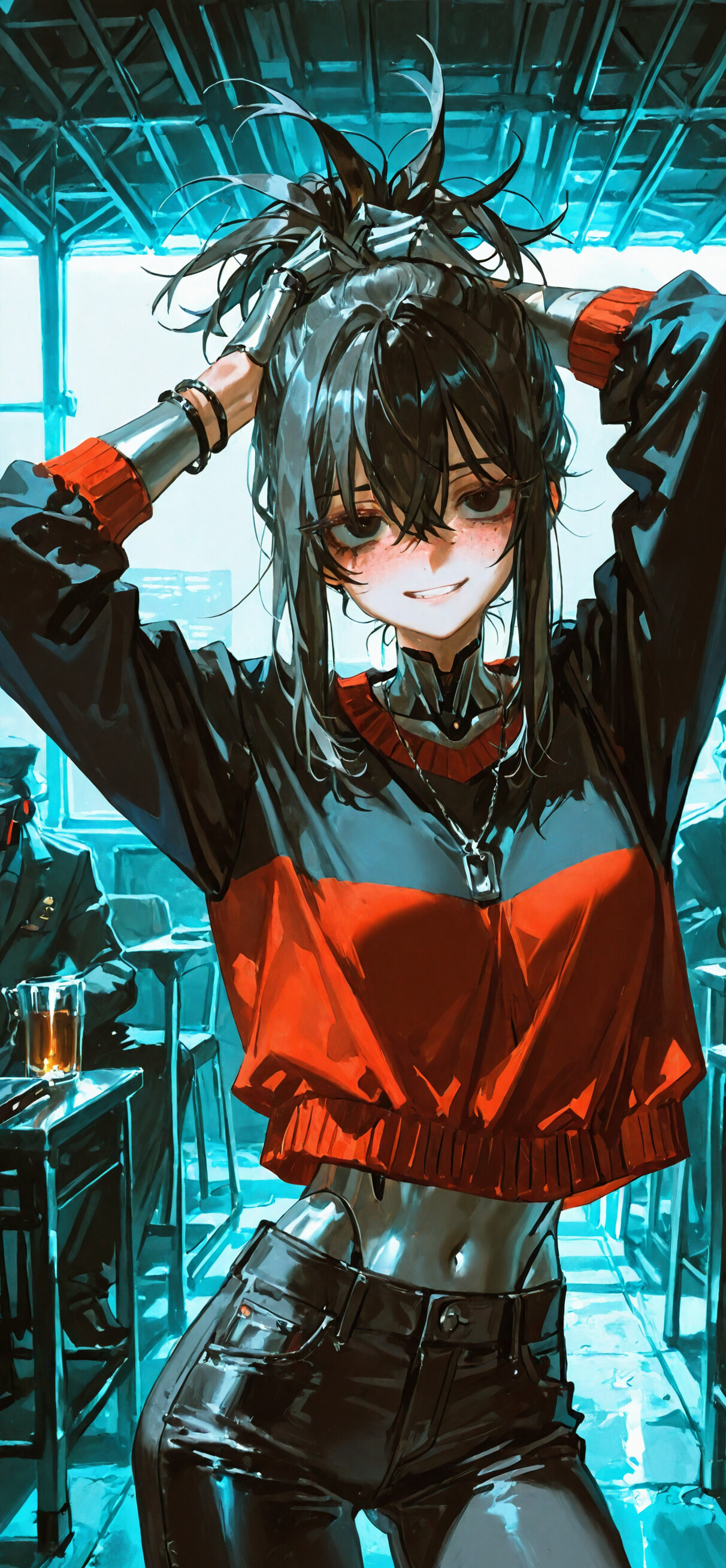 A digital illustration of Naomi Misora from Death Note as a cyborg in a cyberpunk setting. She has black hair and freckles, and is smiling while tying her hair up. The background is filled with bright blue neon lights.