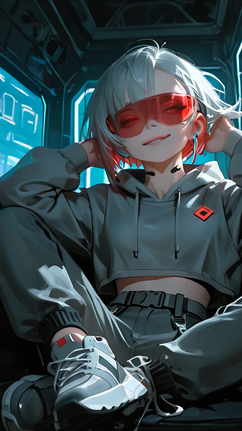 A young woman with short silver hair and glowing red eyes smirks confidently while sitting in a futuristic, neon-lit environment. She is wearing a metallic silver jacket, a gray cropped hoodie, and cyberpunk visor glasses.