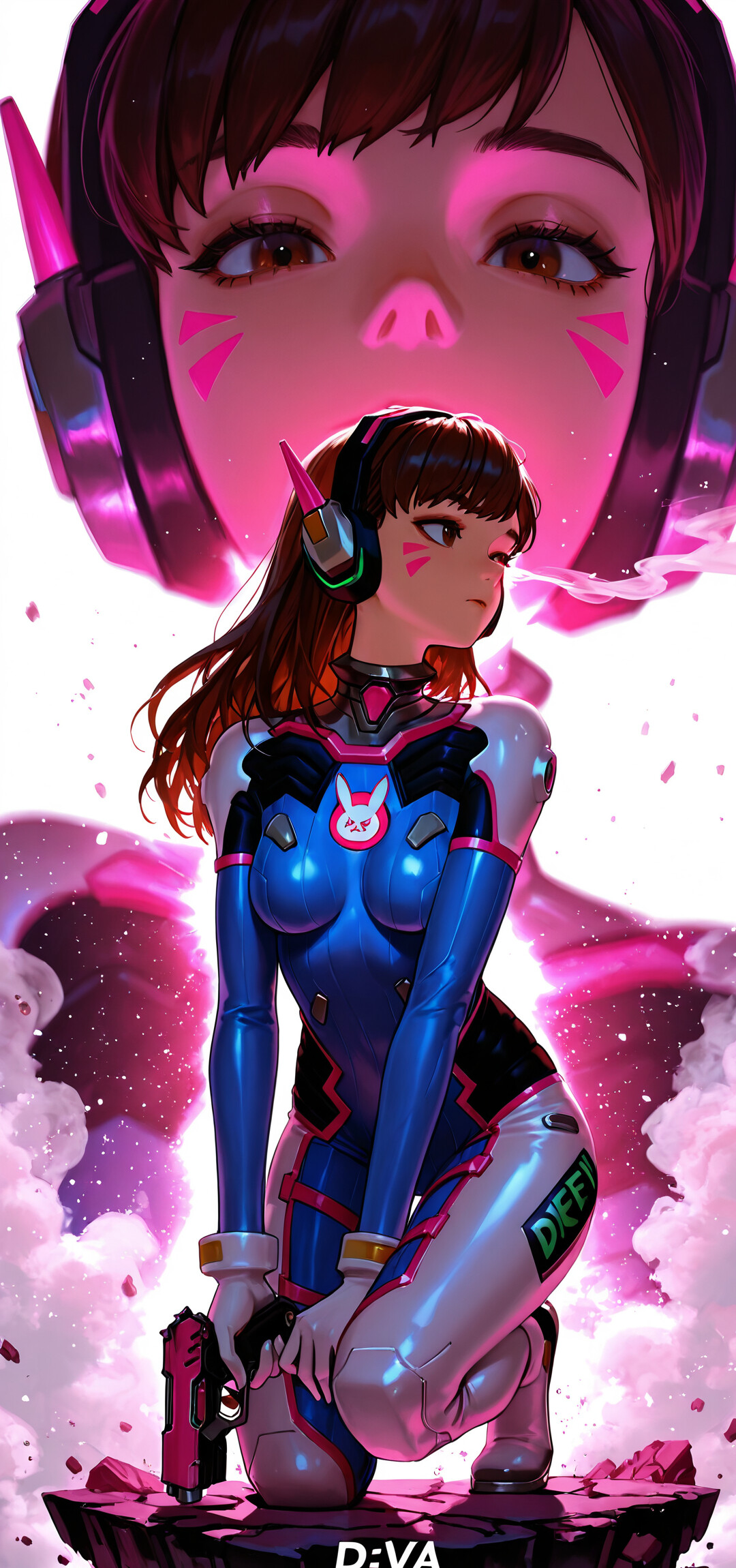 A full-body illustration of D.Va from Overwatch crouching on a pink and black checkered floor. She is wearing her pilot bodysuit, holding a pink handgun, and looking over her shoulder. A large, pink-tinted close-up of her face is in the background.