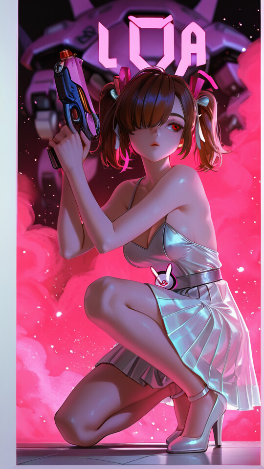 D.Va from Overwatch in an elegant white dress, sitting on a speaker case and holding her pink pistol, with her large pink MEKA robot in the background. The text 'Nerf This' is at the top.