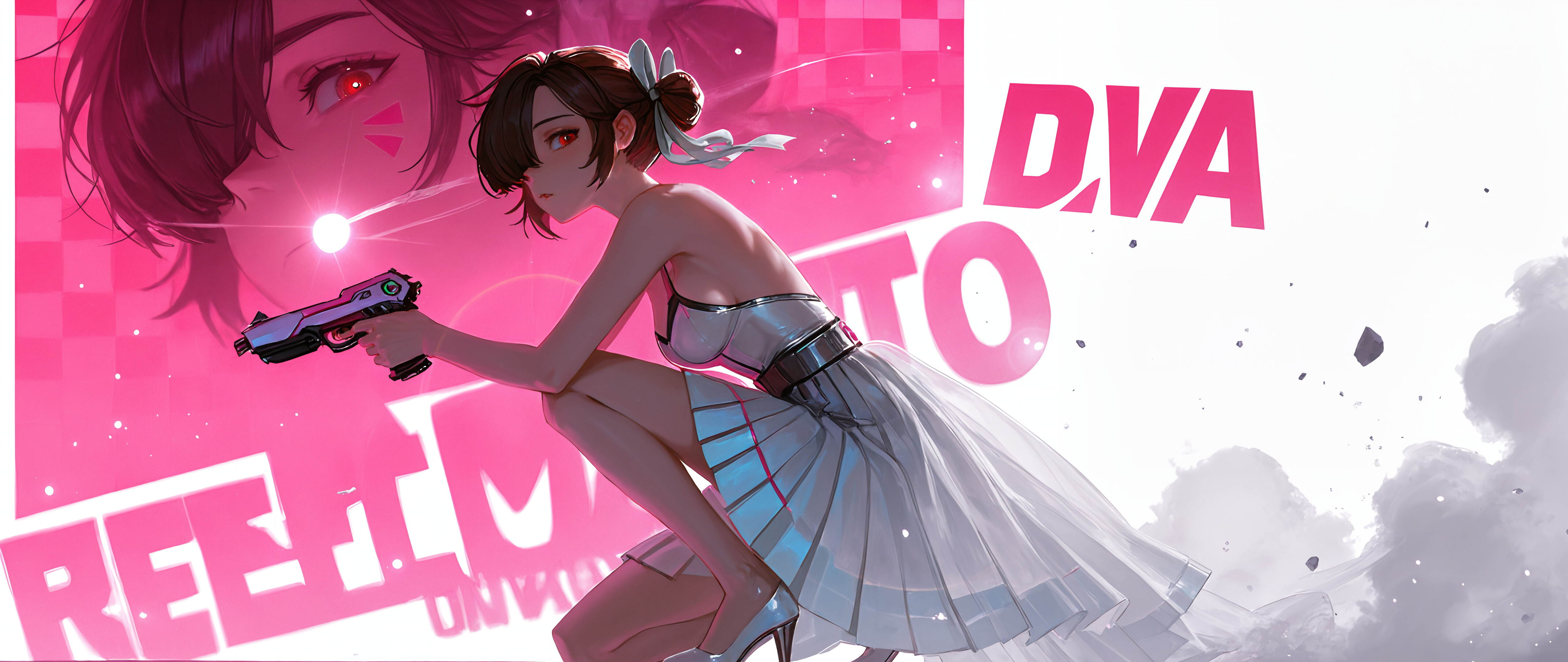 D.Va from Overwatch in a crouching pose, wearing a silver dress and holding a handgun against a stylish pink and white background.