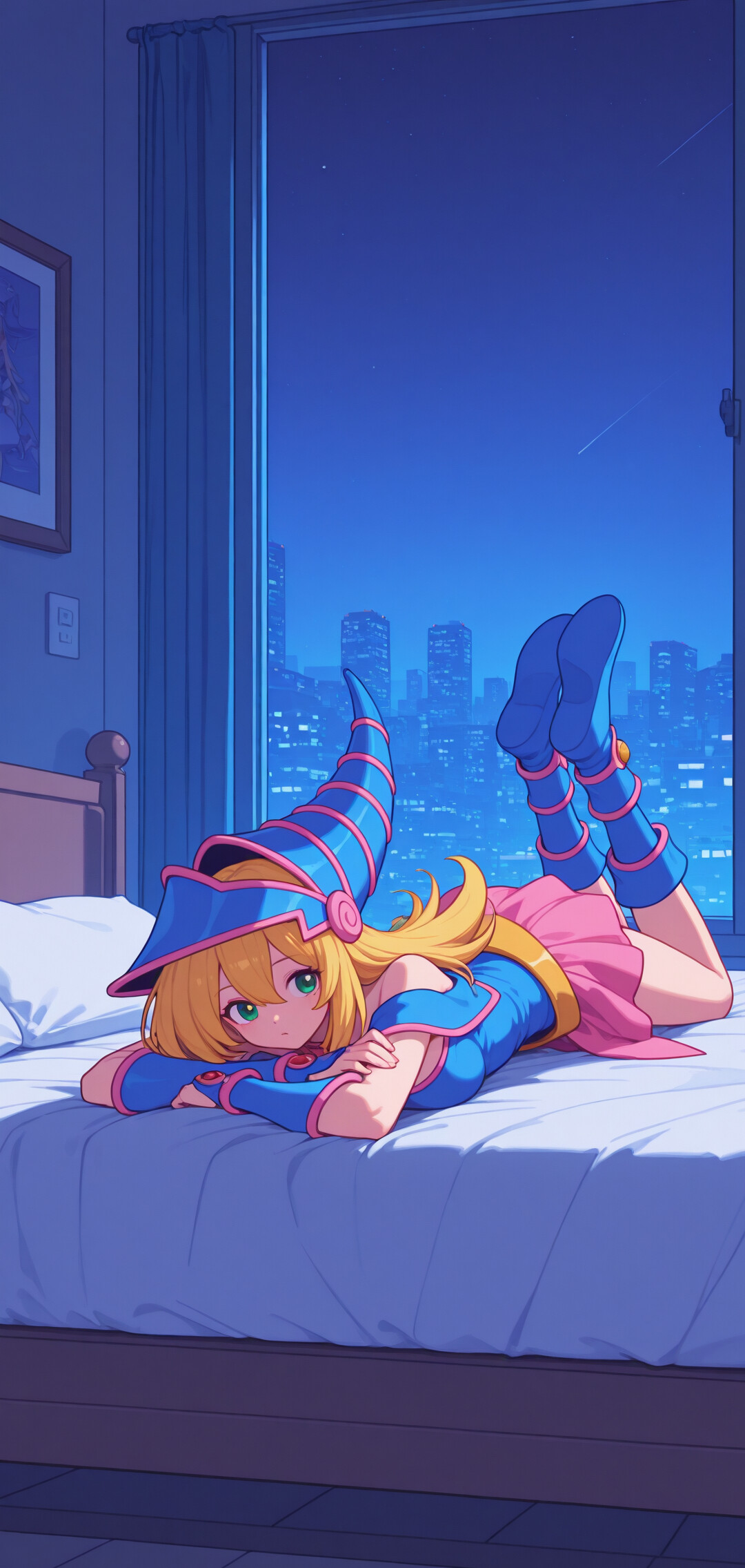 Dark Magician Girl from Yu-Gi-Oh! in her signature blue and pink outfit, lying on her stomach on a bed in a high-rise apartment, with a nighttime city skyline and a shooting star visible through the window.