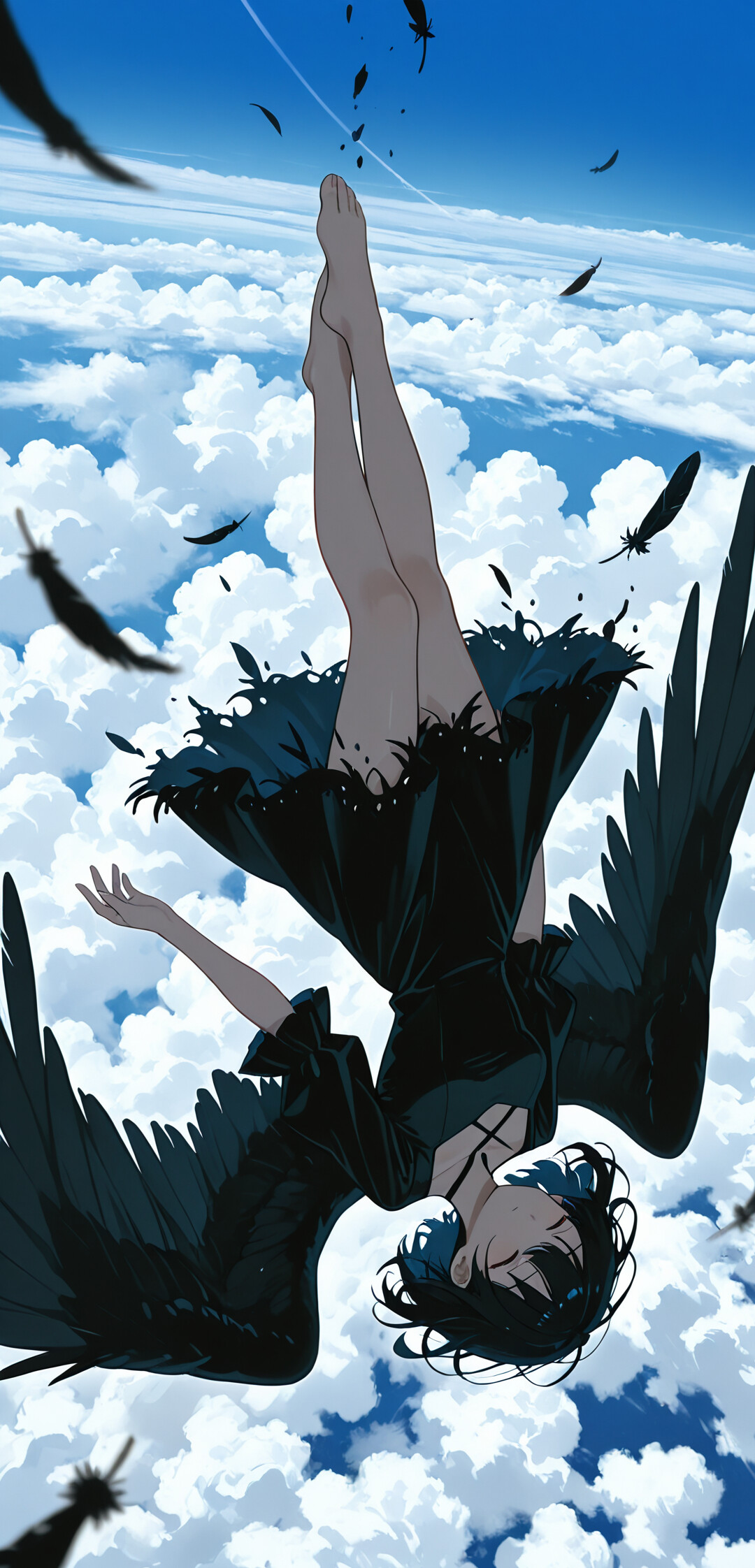 An anime-style illustration of a girl with black hair and large black wings falling upside-down through a blue sky filled with white clouds. She is wearing a black dress and is barefoot, with black feathers floating around her.