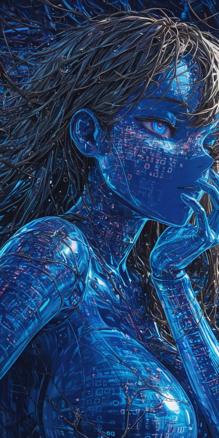 A low-angle portrait of a curvaceous, anime-style woman whose entire body is made of glowing blue digital data and circuits against a dark, futuristic background.