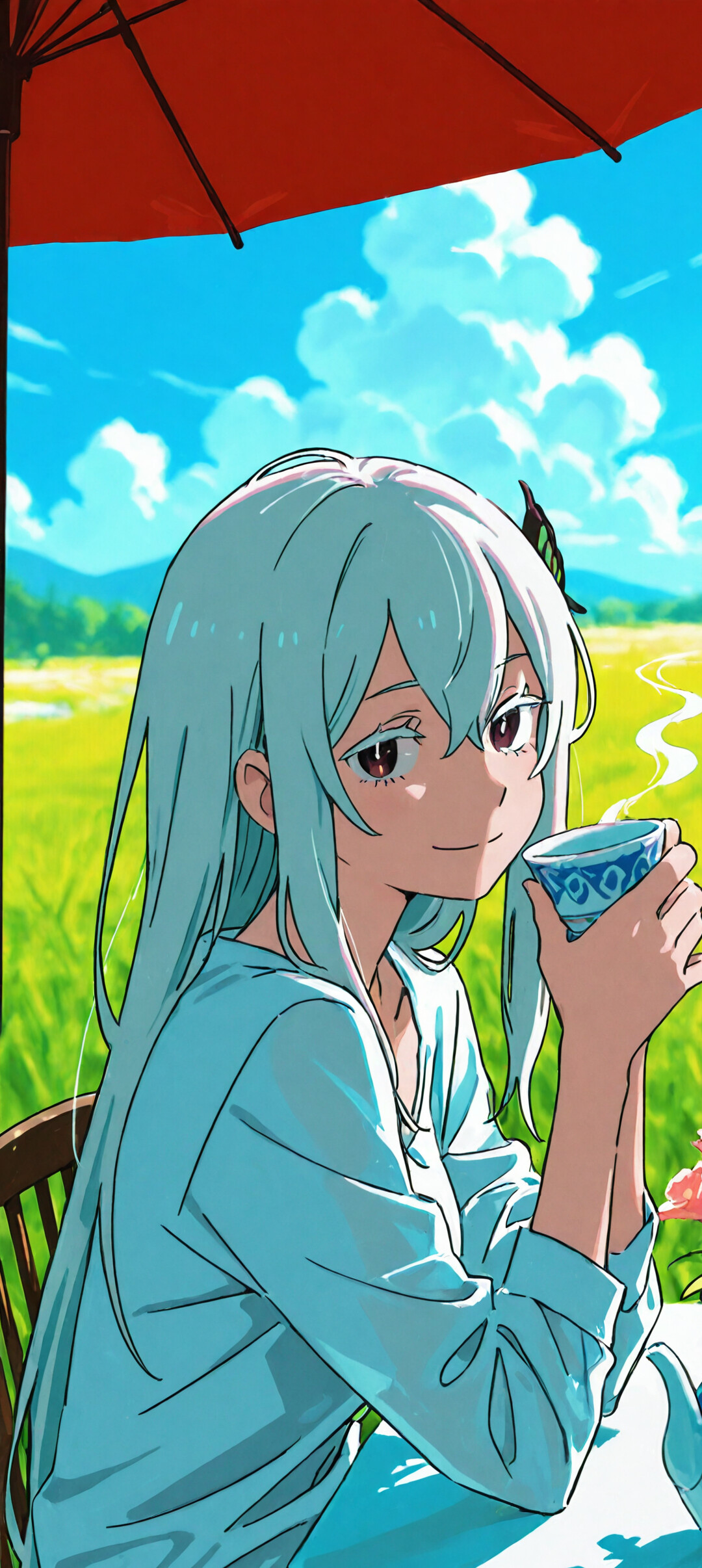 Echidna from Re:Zero, a woman with long white hair and a black dress, sits at an outdoor table under an umbrella, smiling as she holds a steaming teacup in a grassy field with a blue sky.