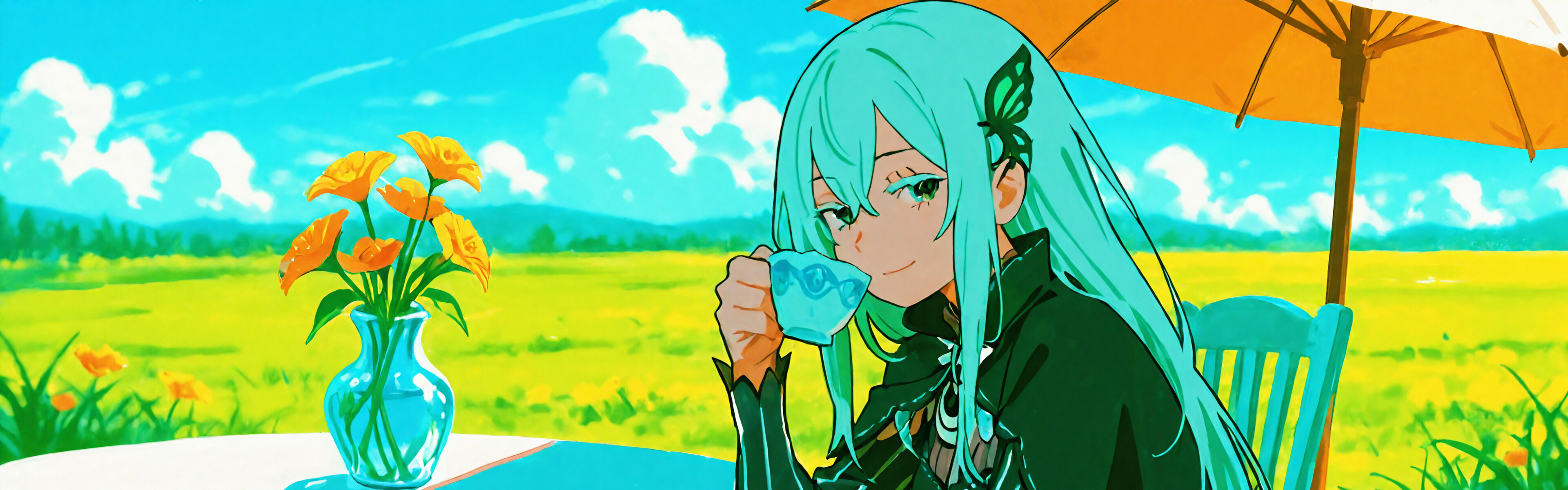 Echidna from Re:Zero, a woman with long white hair and a black dress, sits at an outdoor table under an umbrella, smiling as she holds a steaming teacup in a grassy field with a blue sky.