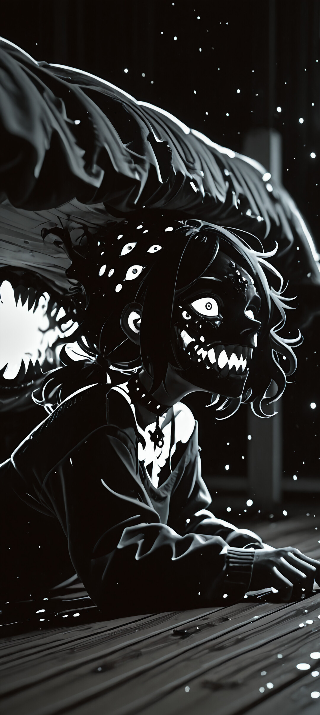 A dark and creepy illustration of Ashley Graves from 'The Coffin of Andy and Leyley' as a monster. She is lying on a wooden floor under a bed, with many glowing red eyes and a sharp-toothed grin.