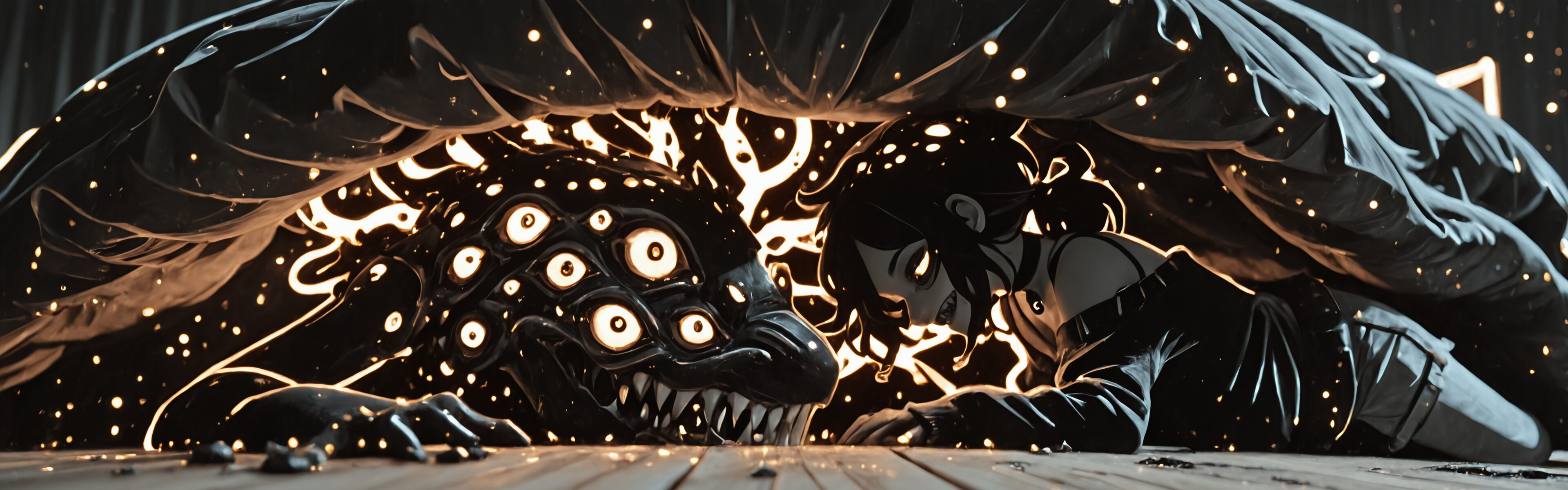 A dark and creepy illustration of Ashley Graves from 'The Coffin of Andy and Leyley' as a monster. She is lying on a wooden floor under a bed, with many glowing red eyes and a sharp-toothed grin.