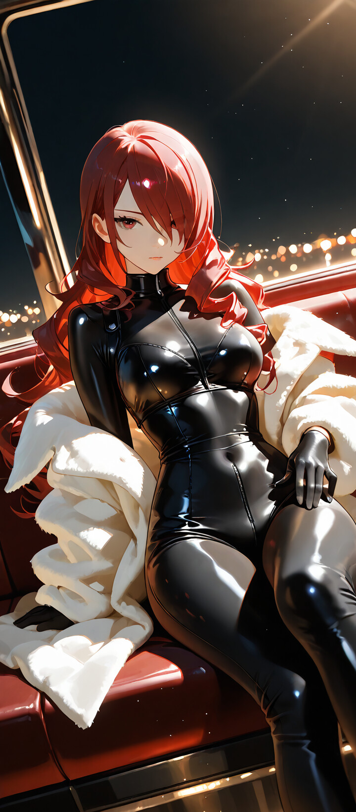 An anime-style illustration of Mitsuru Kirijo from Persona 3 with long red hair and red eyes. She is sitting in the back of a car at night, wearing a tight black leather bodysuit, black gloves, and a white fur coat.
