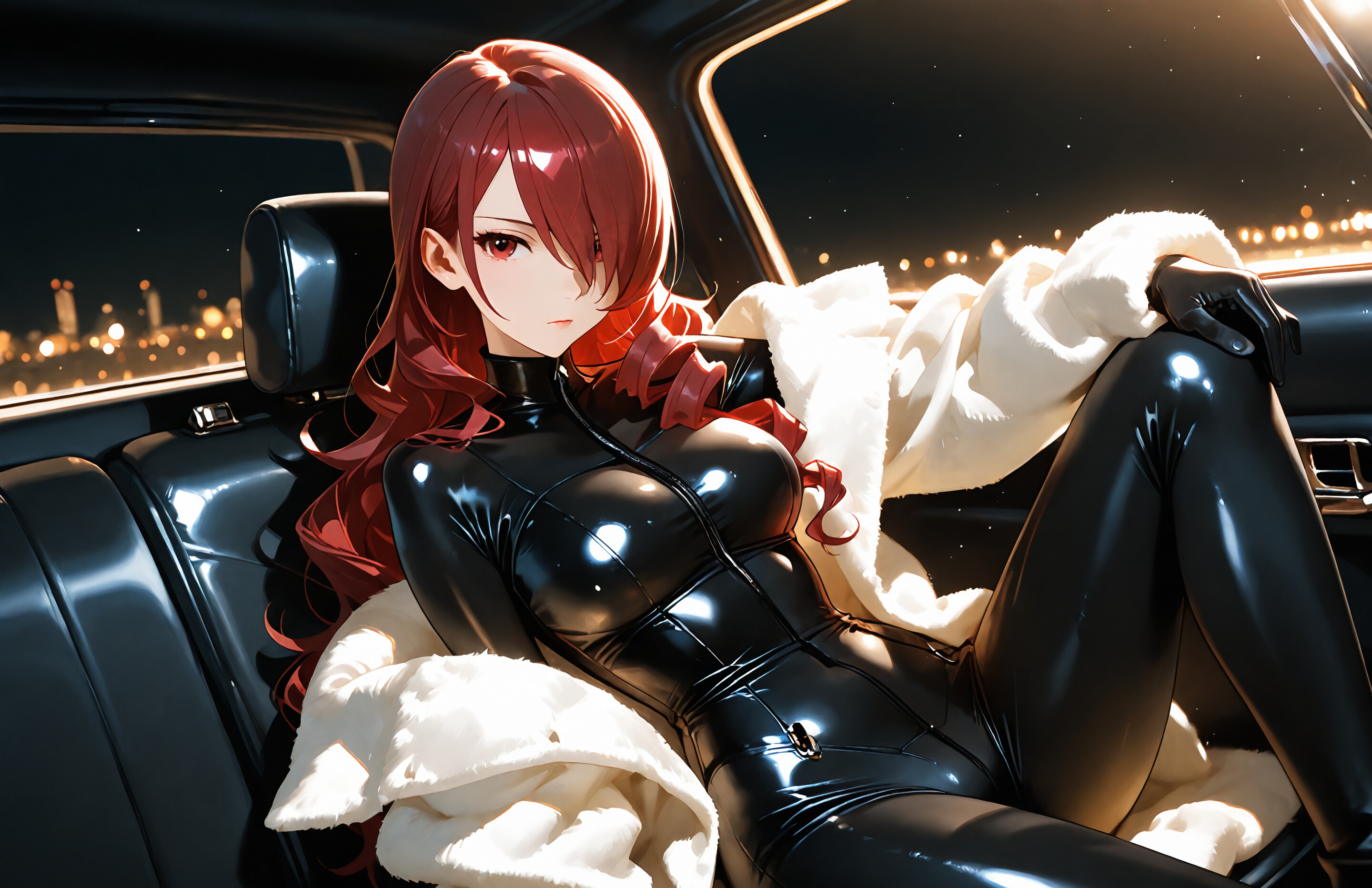 An anime-style illustration of Mitsuru Kirijo from Persona 3 with long red hair and red eyes. She is sitting in the back of a car at night, wearing a tight black leather bodysuit, black gloves, and a white fur coat.