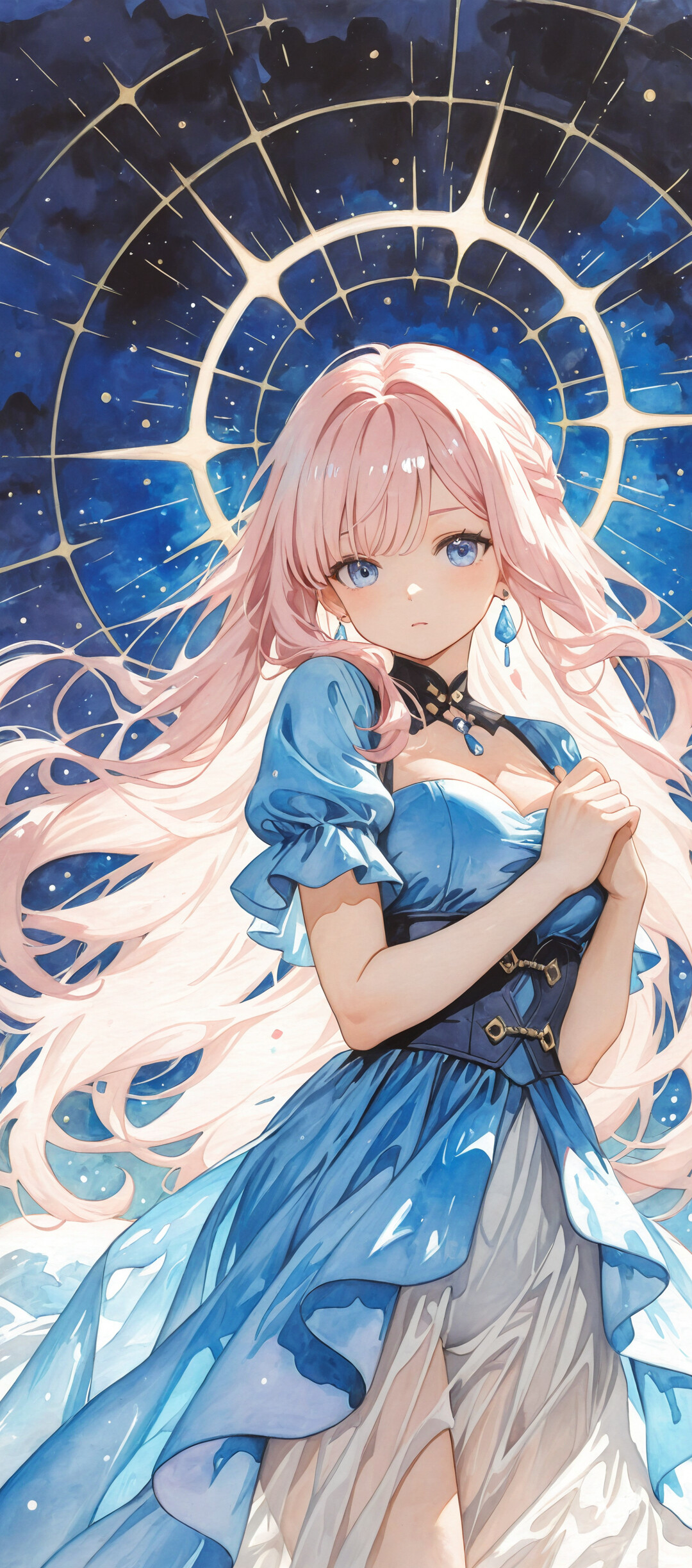 An anime-style illustration of Elysia from Honkai Impact 3rd, a beautiful girl with long pink hair and blue eyes, wearing a flowing light blue dress against a magical, starry night sky.