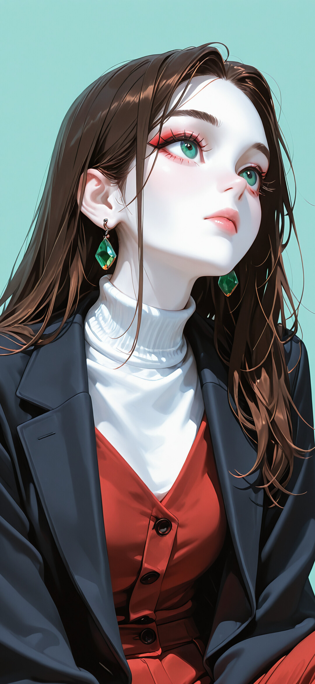 A digital illustration of a stylish young woman with long brown hair and green eyes looking up. She is wearing a white turtleneck, a red blazer, and large emerald earrings against a solid light aqua background.