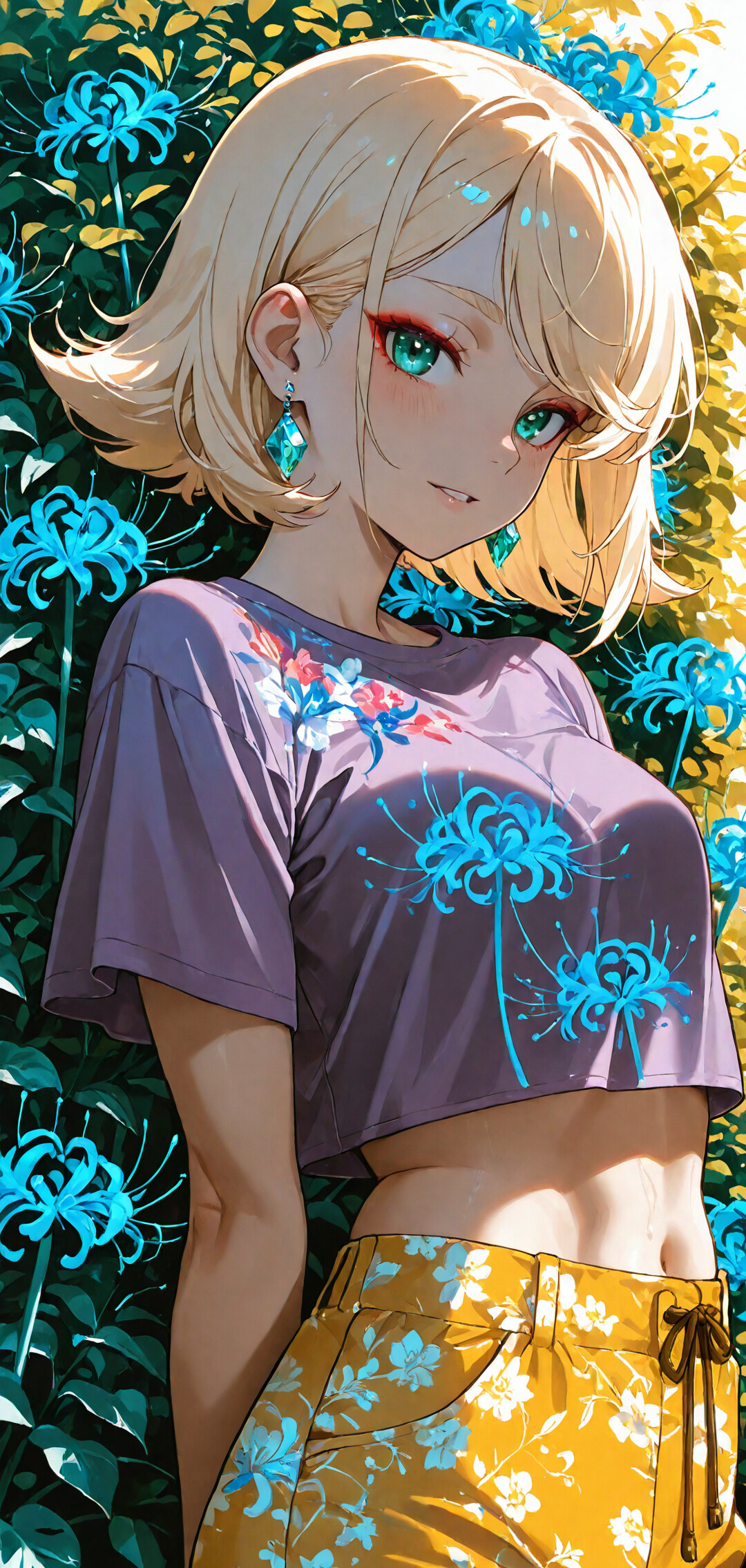 An anime-style illustration of a young woman with short blonde hair and green eyes, smiling in a garden of blue spider lily flowers. She wears a purple crop top and yellow floral pants.