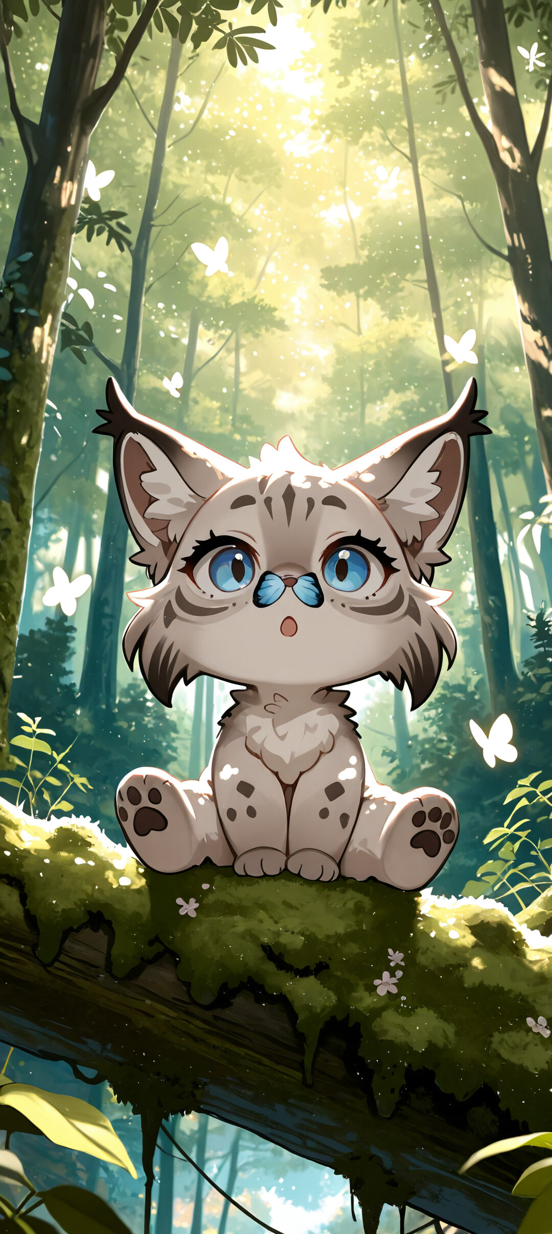 A cute, chibi-style illustration of a baby lynx sitting on a mossy branch in a sunlit forest. A bright blue butterfly is perched on the tip of its nose.