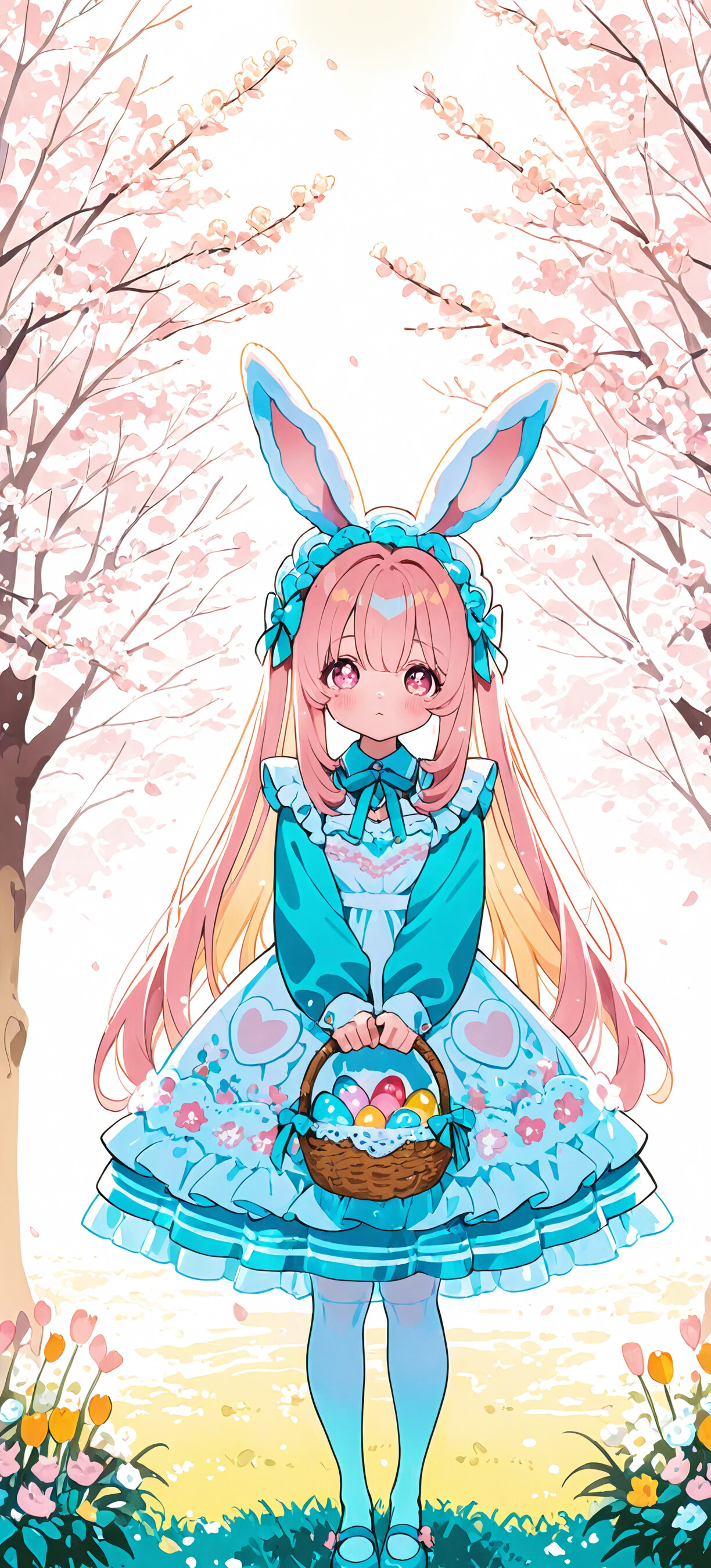 A full-body illustration of a young anime girl with long white hair and fluffy bunny ears, wearing a blue and white Easter dress, holding a basket of colorful eggs in a sunny field of flowers and cherry blossoms.