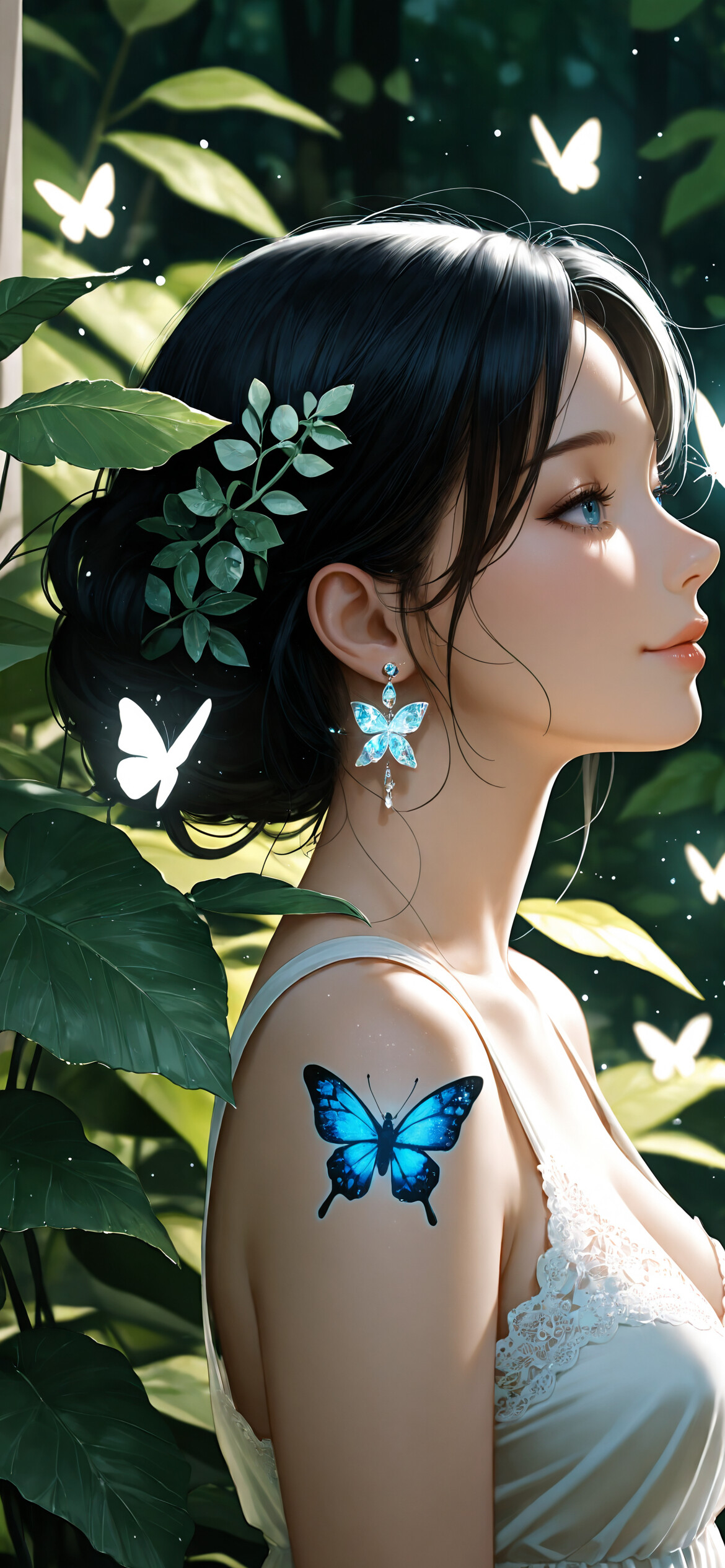 A profile portrait of a young woman with long black hair and blue eyes, standing in a lush green forest. She is surrounded by glowing blue and white butterflies, with one in her hair, one as an earring, and a butterfly tattoo on her shoulder.