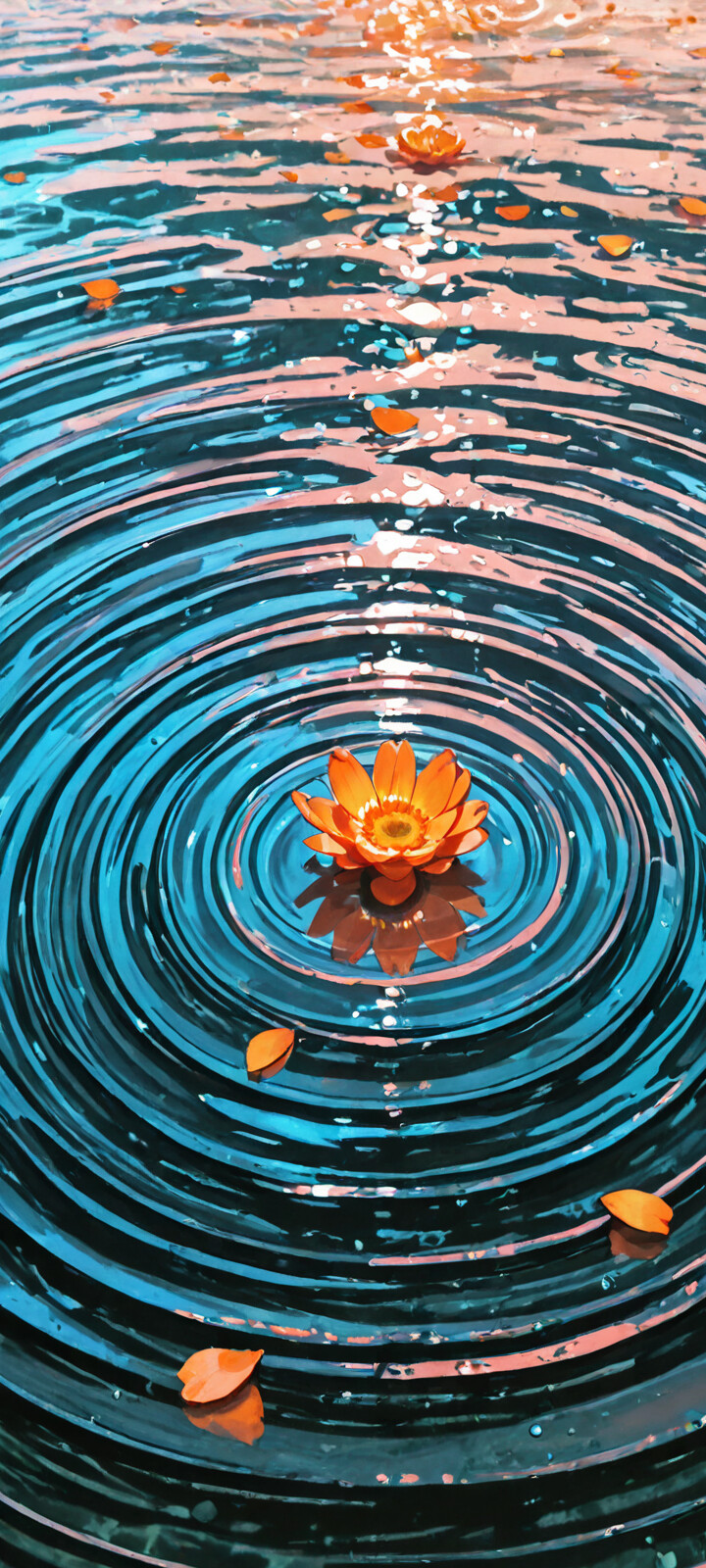 An overhead view of a bright orange water lily floating in the center of dark blue water, creating perfect concentric ripples. Loose orange petals are scattered on the water's surface.