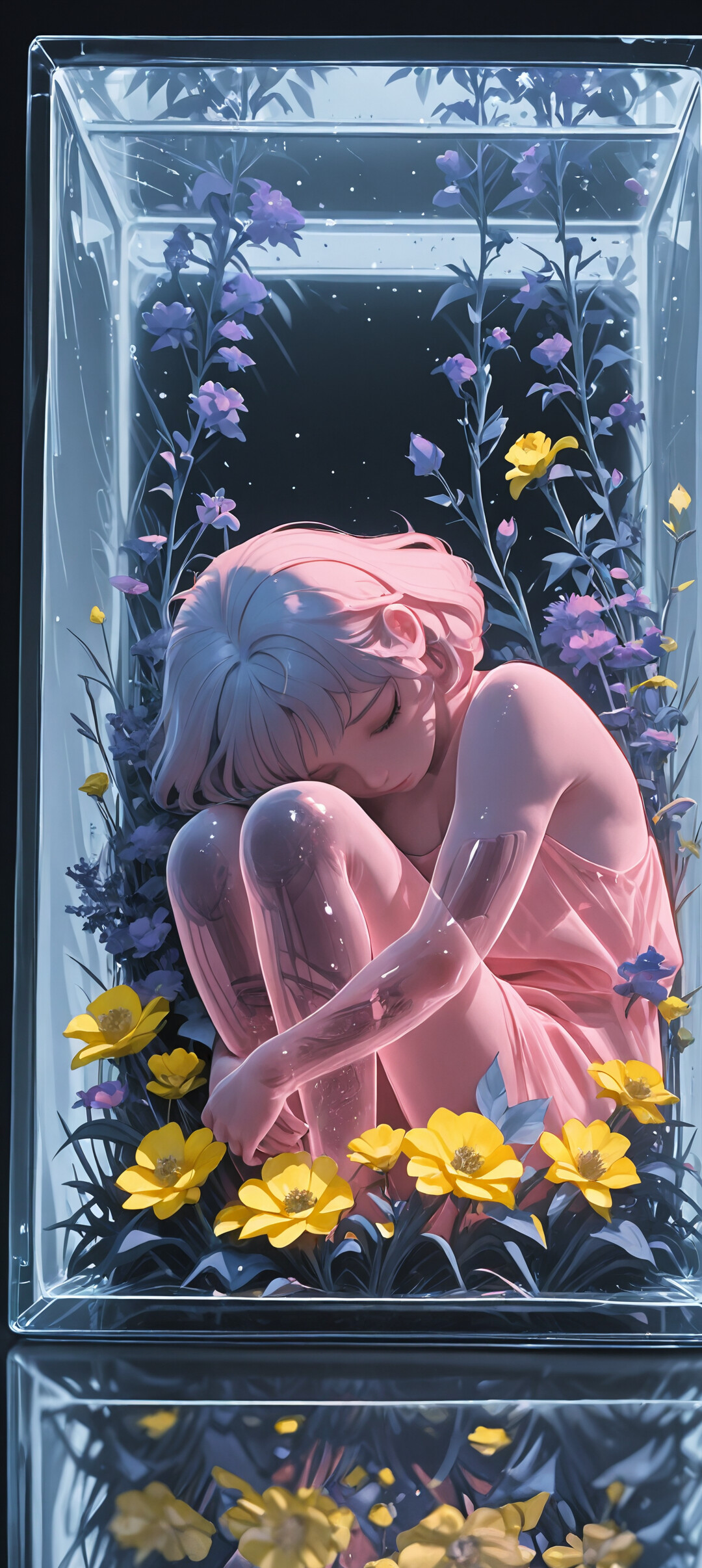 A surreal illustration of an anime-style girl with a translucent pink body and short silver hair, curled up in a fetal position inside a glass terrarium filled with growing yellow and violet flowers against a dark background.