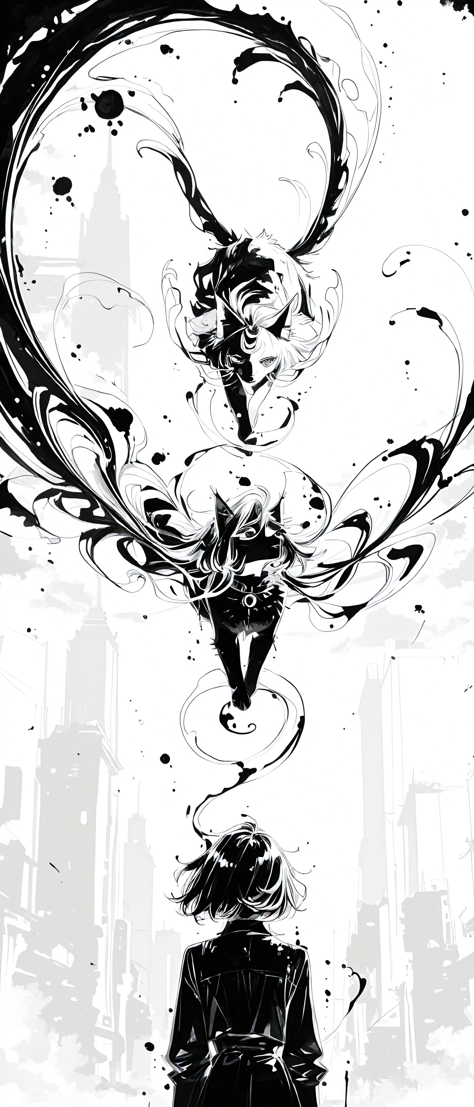 A black and white line art illustration of a black cat looking up at an ethereal being with pointed ears and long, flowing hair that resembles large flower petals. They are surrounded by dynamic ink splashes against a white background.