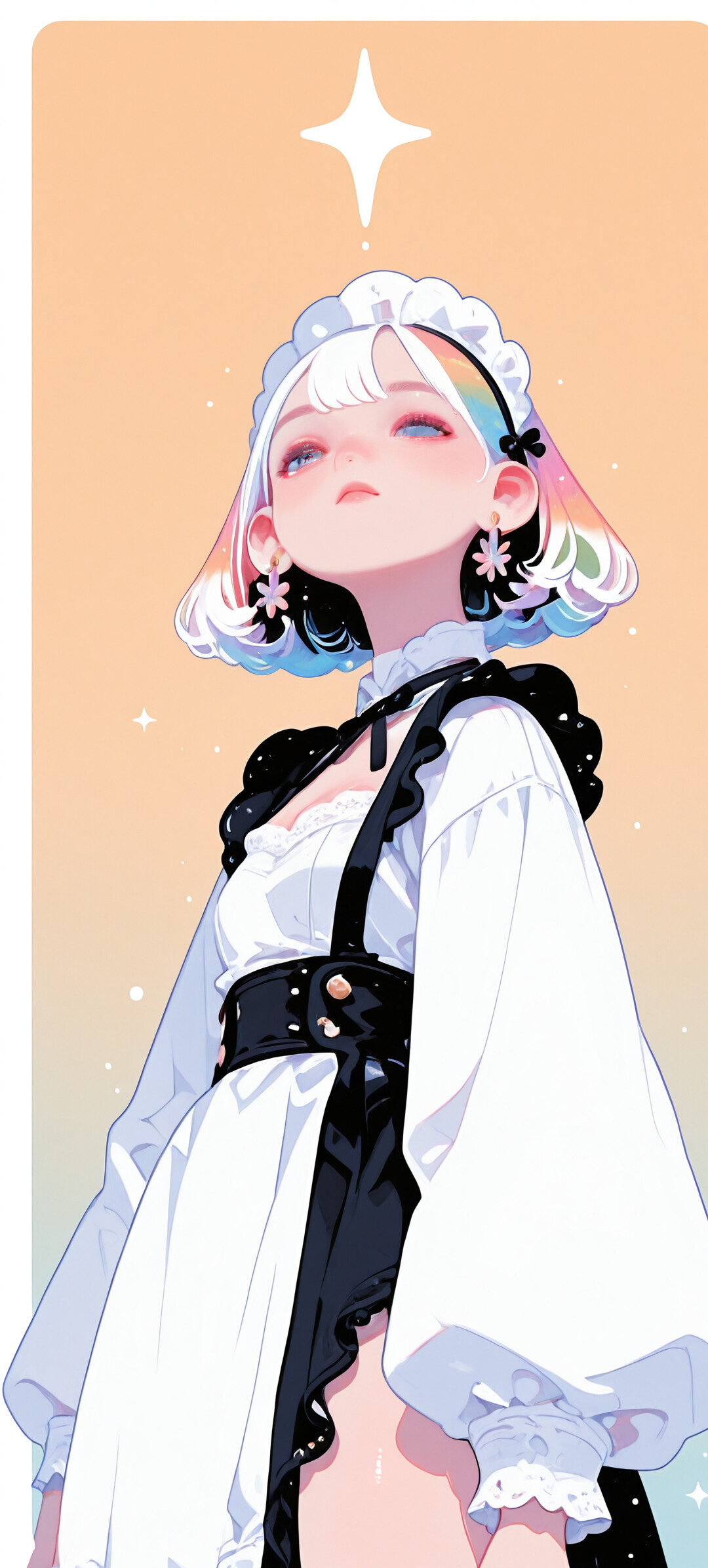 A low-angle digital artwork of an anime-style girl with a white bob haircut and rainbow-colored tips. She is wearing a detailed white and black Victorian maid dress with large, puffy sleeves and a corset, looking off to the side against a peachy-pink background.