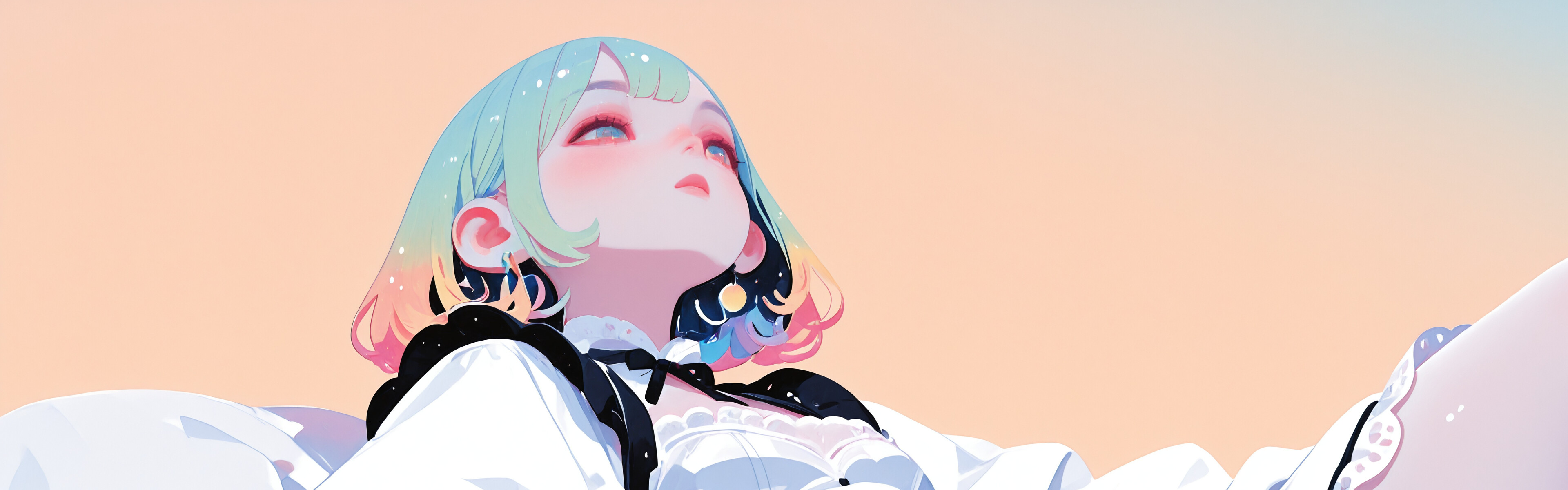 A low-angle digital artwork of an anime-style girl with a white bob haircut and rainbow-colored tips. She is wearing a detailed white and black Victorian maid dress with large, puffy sleeves and a corset, looking off to the side against a peachy-pink background.