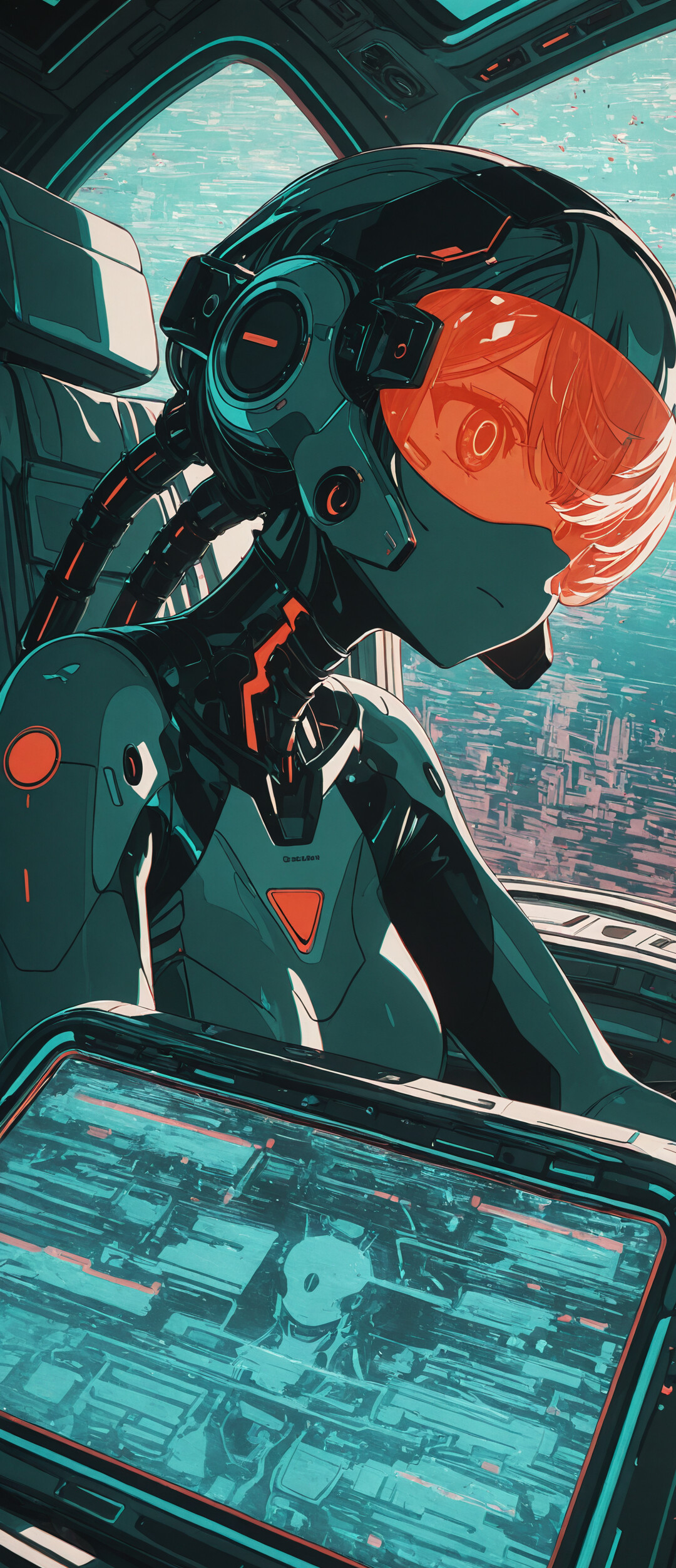 An anime-style illustration of Asuka Langley Soryu from Neon Genesis Evangelion in a mecha cockpit. She has orange hair and wears a red plugsuit and a large black and red headset that covers her eyes, looking directly at the viewer from behind a control panel.