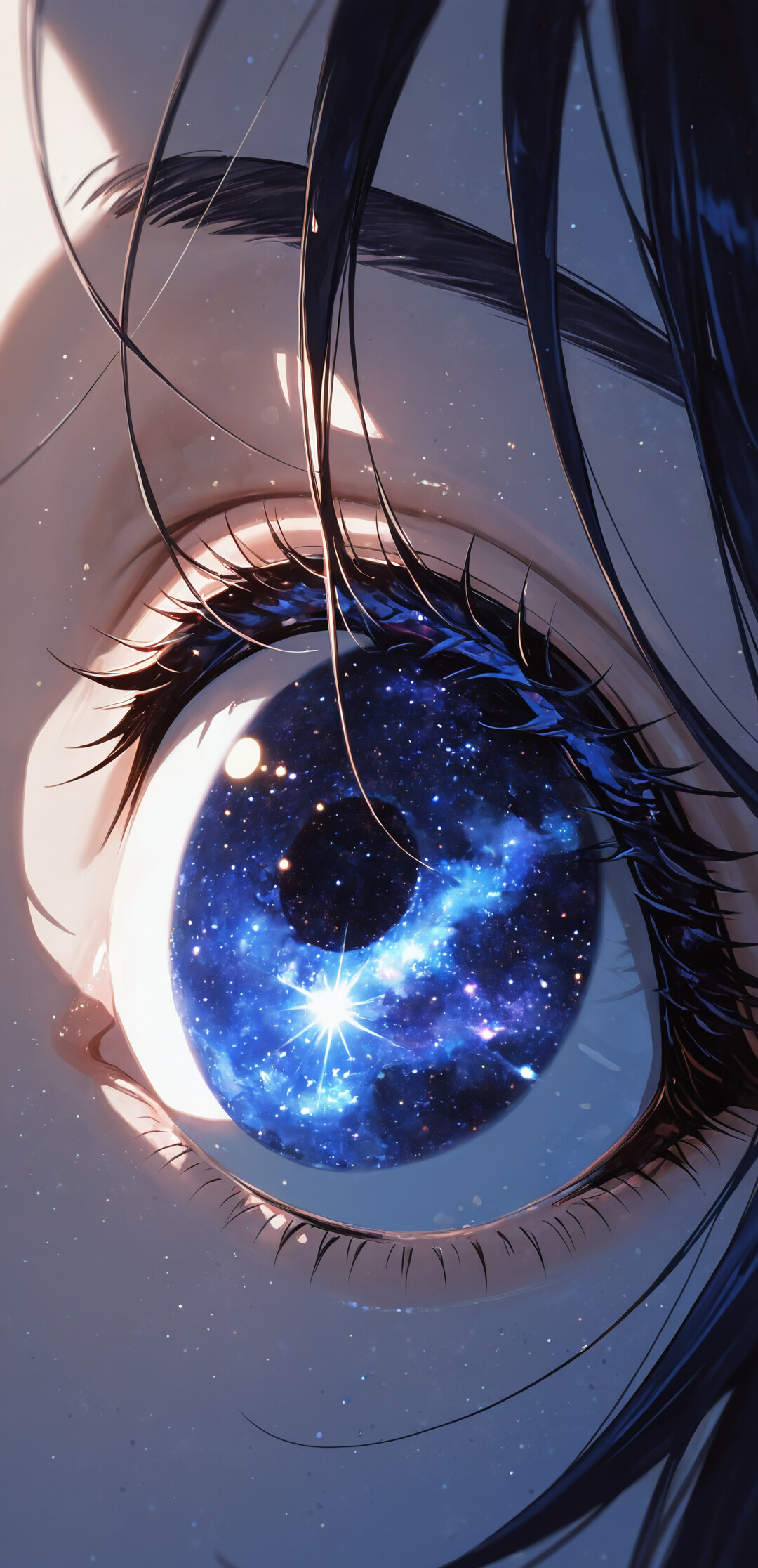 Close-up of an anime girl's face, focusing on her detailed blue eye which contains a swirling galaxy. Her dark, starry hair frames her face, with a moon visible in the background.