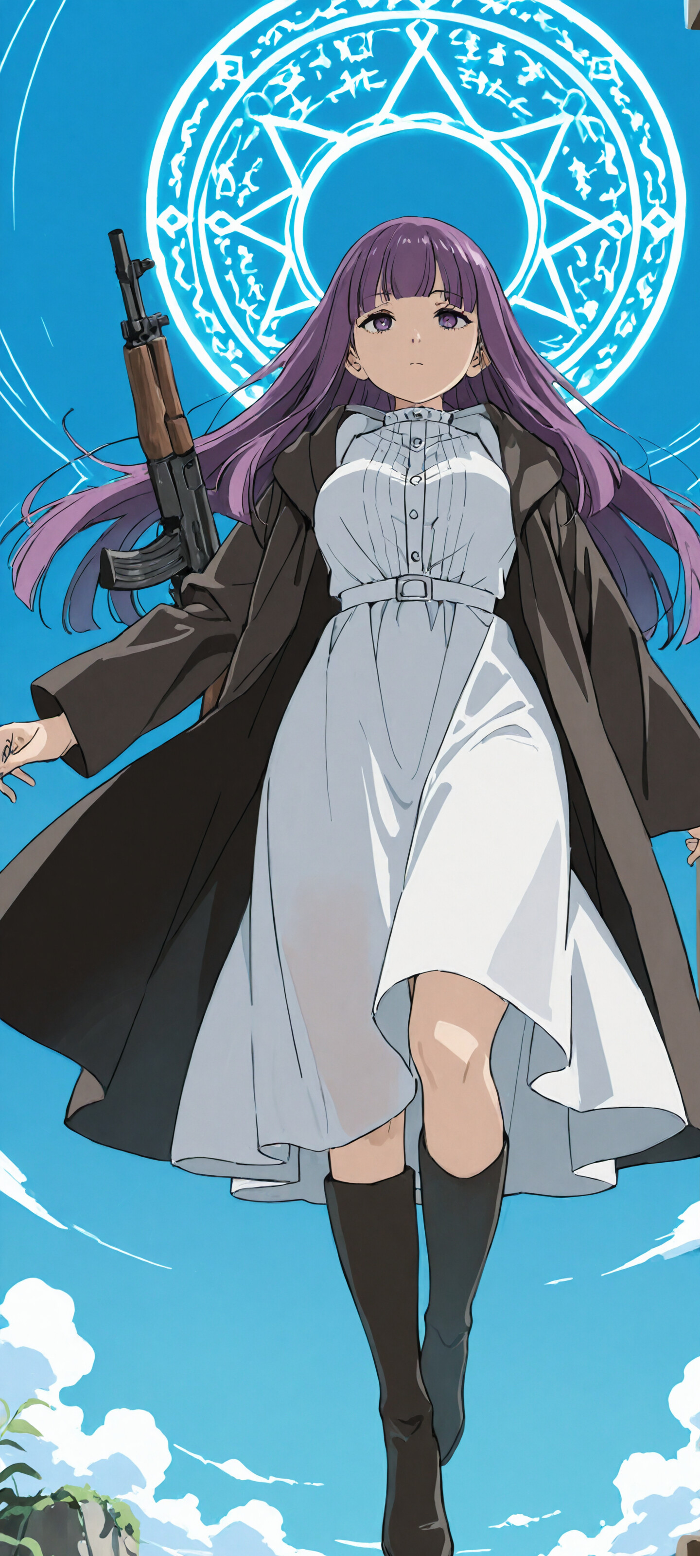 Full-body illustration of the anime character Fern from Frieren, who has long purple hair and wears a dark coat over a white dress. She stands against a blue sky with a glowing magic circle behind her head while holding a rifle.