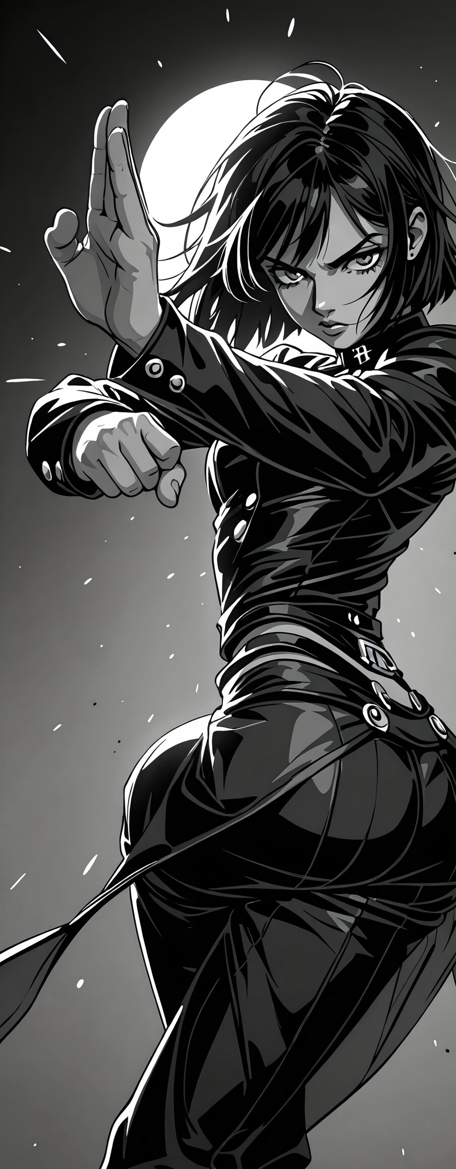 A black and white anime illustration of a woman with dark hair in a tight black leather outfit, striking an exaggerated, dynamic pose against a grey background.