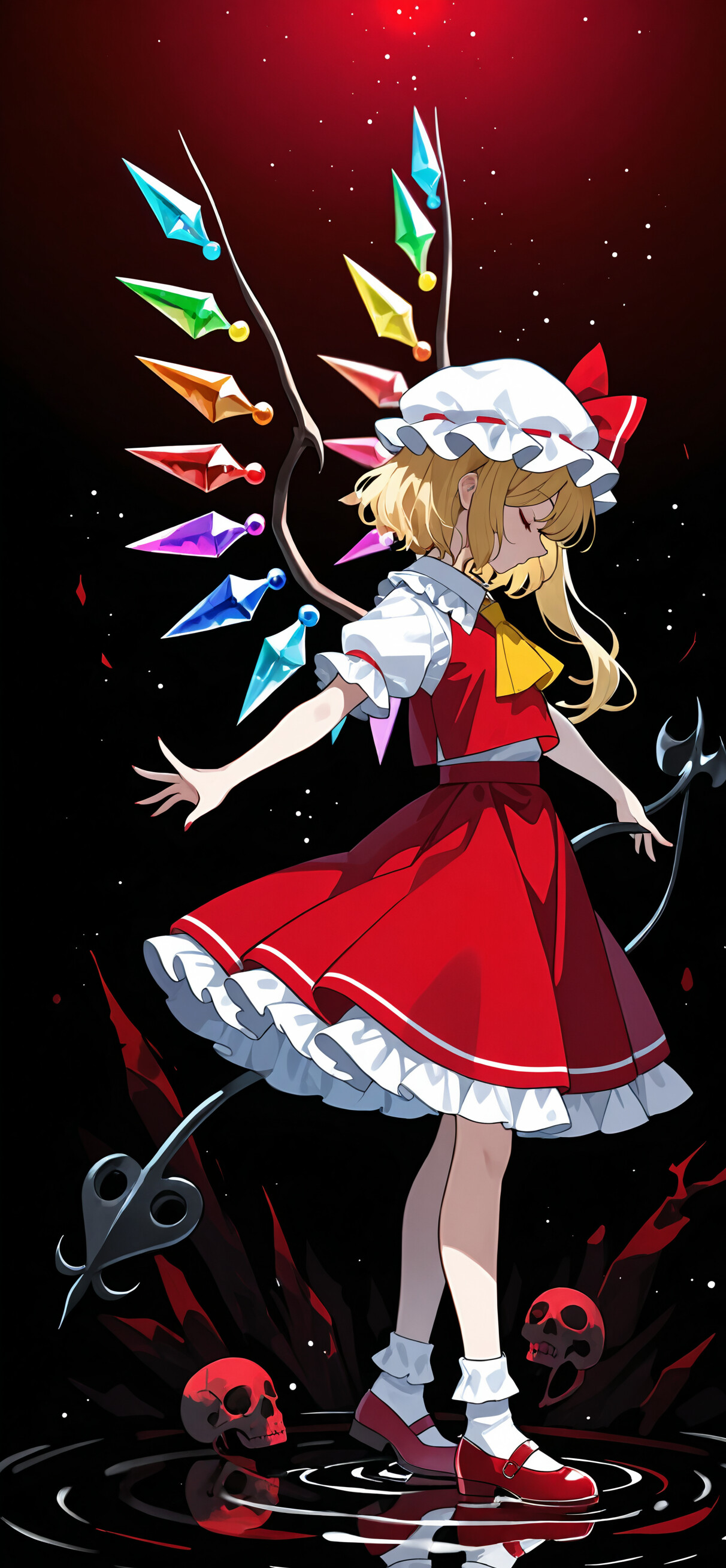 Full body illustration of Flandre Scarlet from Touhou Project standing in profile in dark water. She wears her signature red dress and mob cap, with large, colorful crystal wings. A human skull sits in the water near her red shoes, reflecting on the surface.