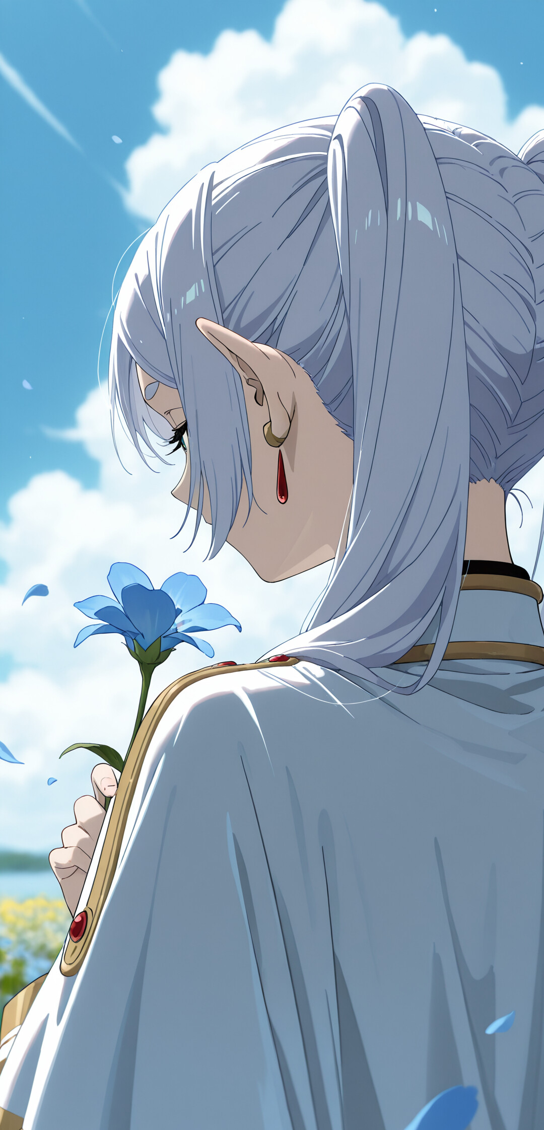 An anime illustration of the elf Frieren from behind, her long white hair in twintails. She is holding a single blue flower and looking at it under a clear blue sky with white clouds.