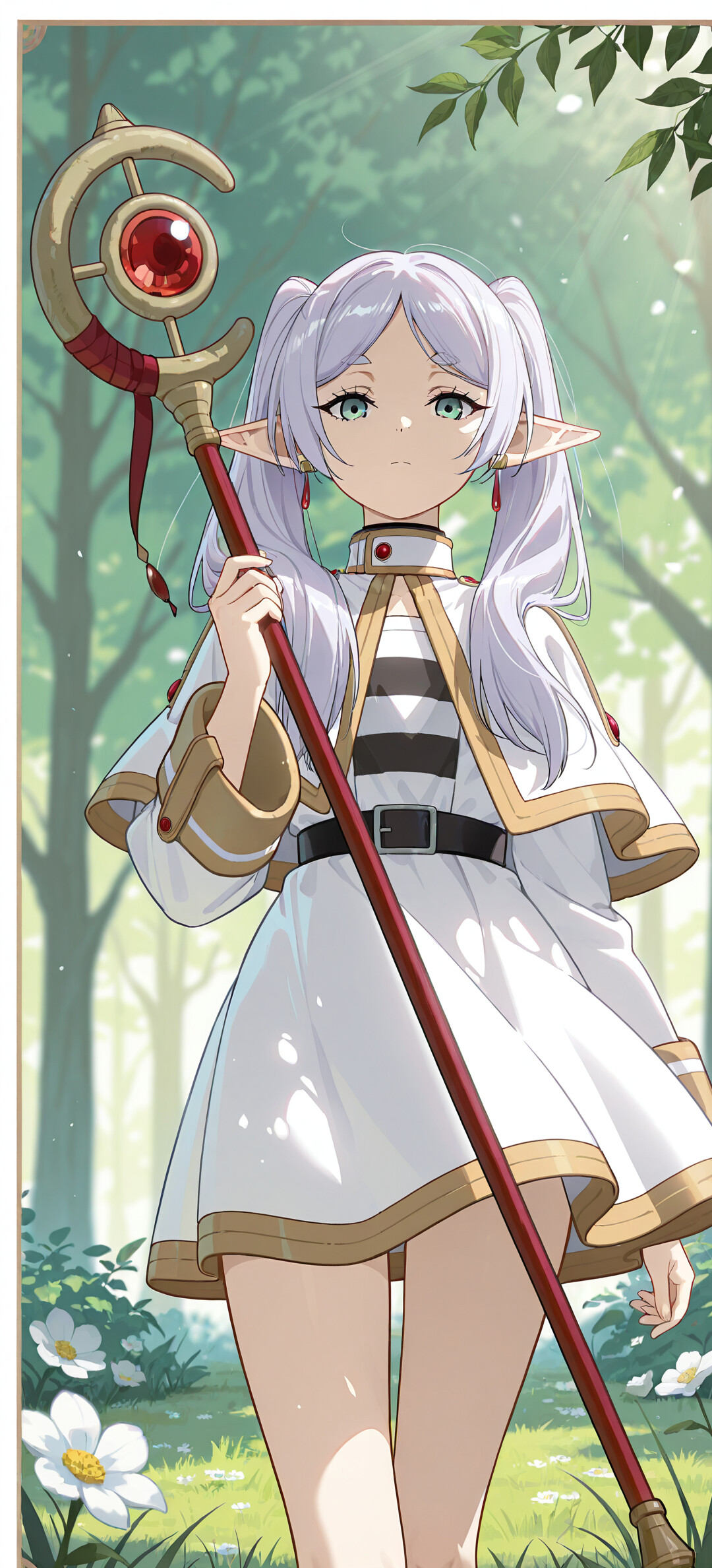 An anime-style illustration of the elf mage Frieren from Frieren: Beyond Journey's End. She has long, light purple hair in pigtails and is holding a large staff while standing in a sunny forest clearing filled with white flowers.