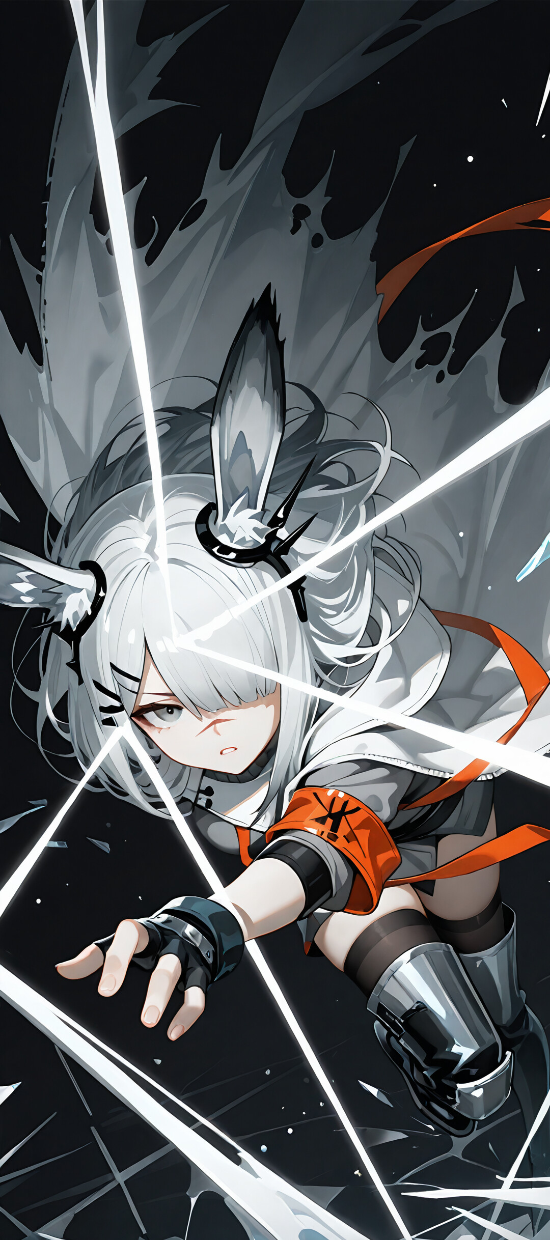 An anime-style digital illustration of FrostNova from Arknights, a girl with white hair and rabbit ears, crouching and touching the ground as blue ice crystals form around her hand. She wears a white cloak and a grey uniform and looks intensely at the viewer.