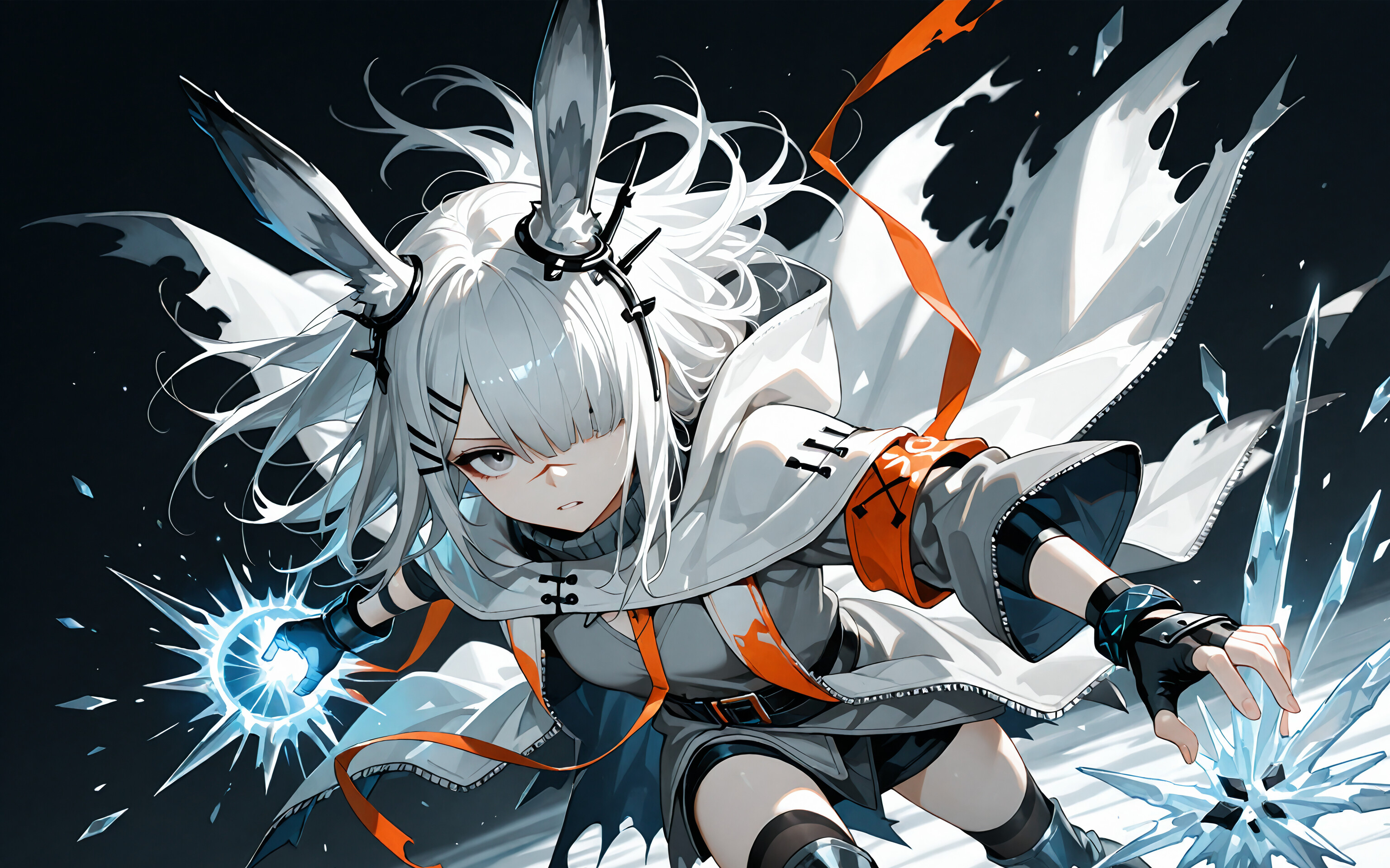 An anime-style digital illustration of FrostNova from Arknights, a girl with white hair and rabbit ears, crouching and touching the ground as blue ice crystals form around her hand. She wears a white cloak and a grey uniform and looks intensely at the viewer.