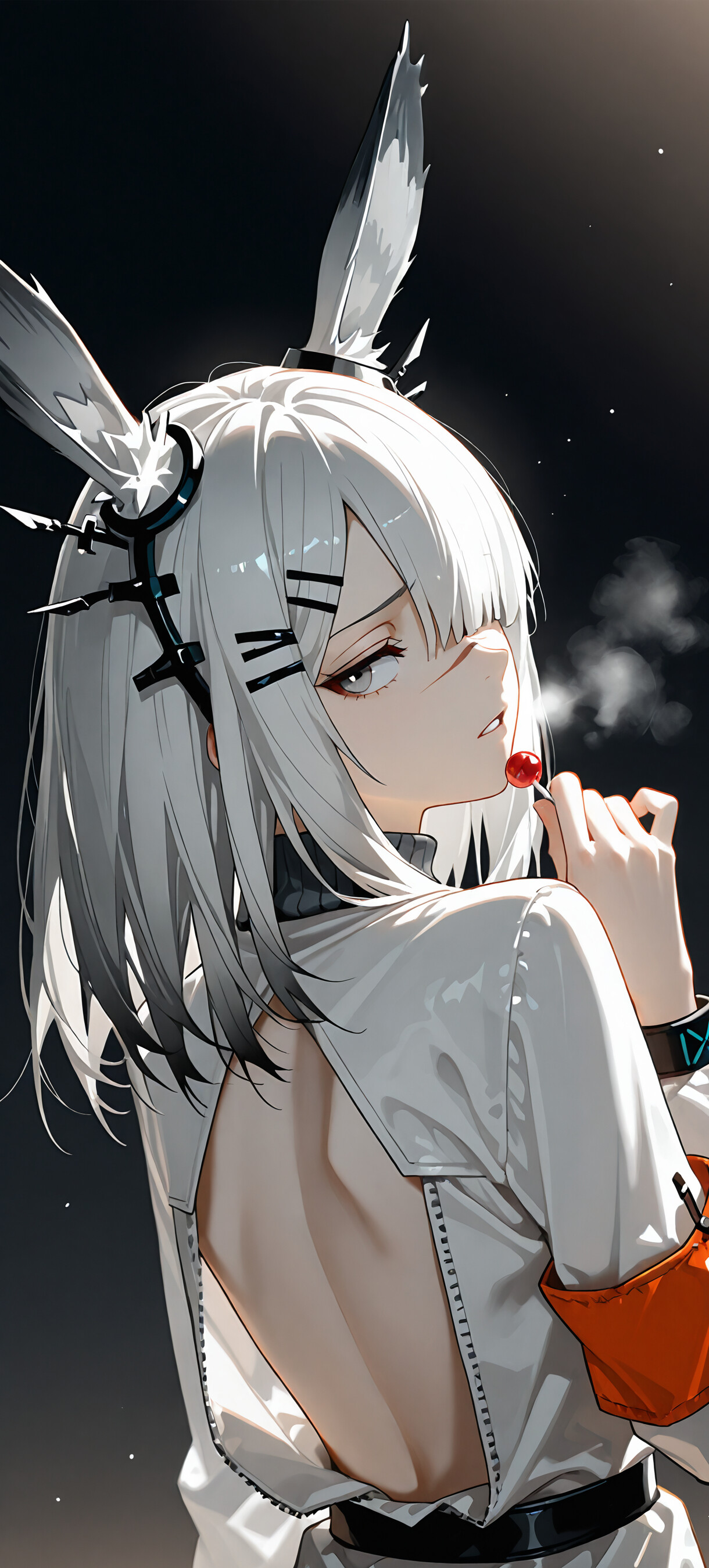 A profile view of FrostNova from Arknights, a girl with long white hair and rabbit ears, wearing a backless white dress. She looks back while holding a cherry lollipop to her mouth, her breath visible in the air.