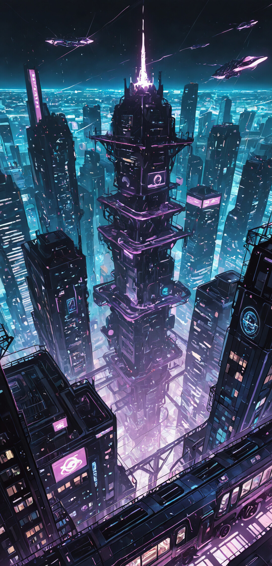 A sleek, futuristic purple and black train with glowing neon lights sits at a high-tech station at night, with a sprawling cyberpunk city skyline in the background.