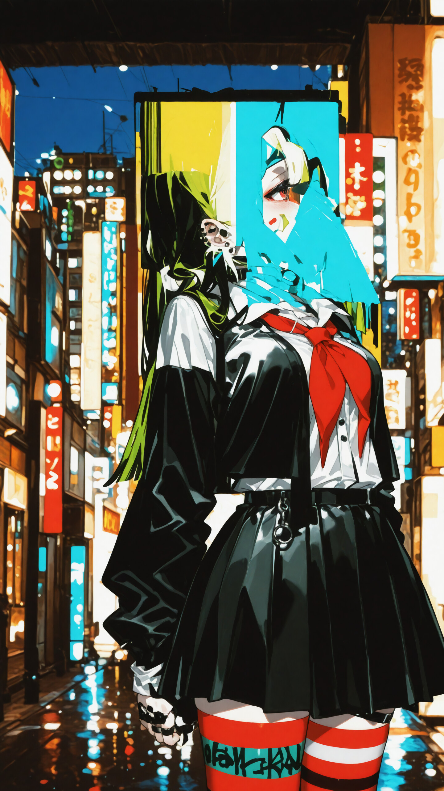An anime girl with green and red hair and red eyes stands in a neon-lit city street at night. She wears a black jacket, white shirt with a red neckerchief, a black skirt, and striped thigh-highs, creating a punk-inspired look.