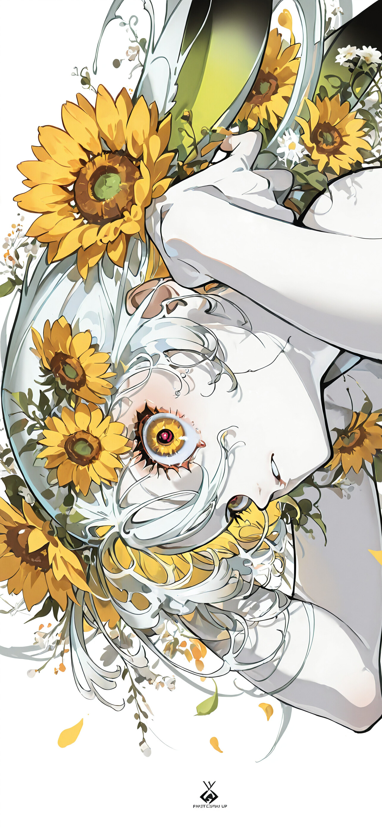 A close-up digital illustration of an anime-style girl with long blonde hair, white rabbit ears, and three eyes. She holds a large sunflower in her hair and looks at the viewer with a serious expression against a white background.