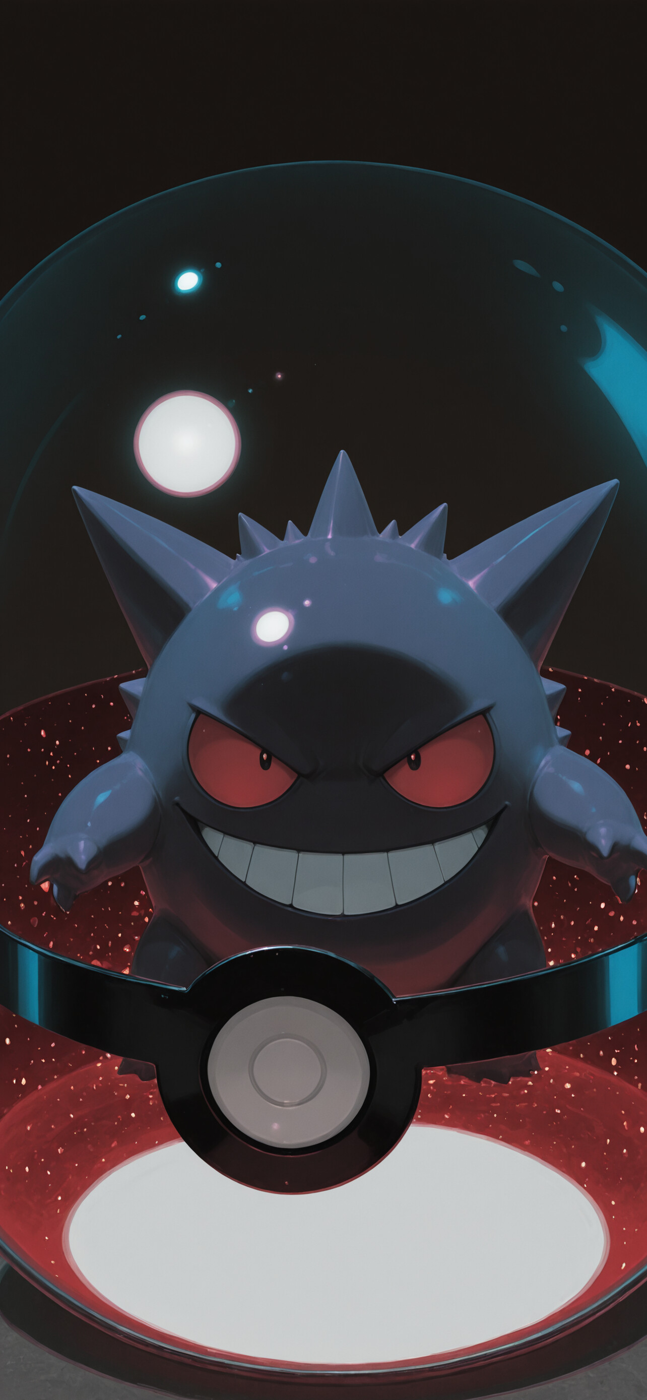 The Pokémon Gengar, a spiky purple creature with red eyes and a wide grin, sits inside a transparent Poké Ball with a red base, set against a dark background.