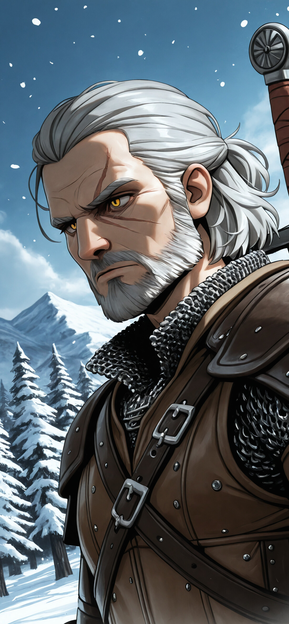 An illustration of Geralt of Rivia from The Witcher, with white hair, a beard, and yellow eyes, looking off to the side. He is in a snowy, mountainous environment, wearing leather and chainmail armor with a sword on his back.