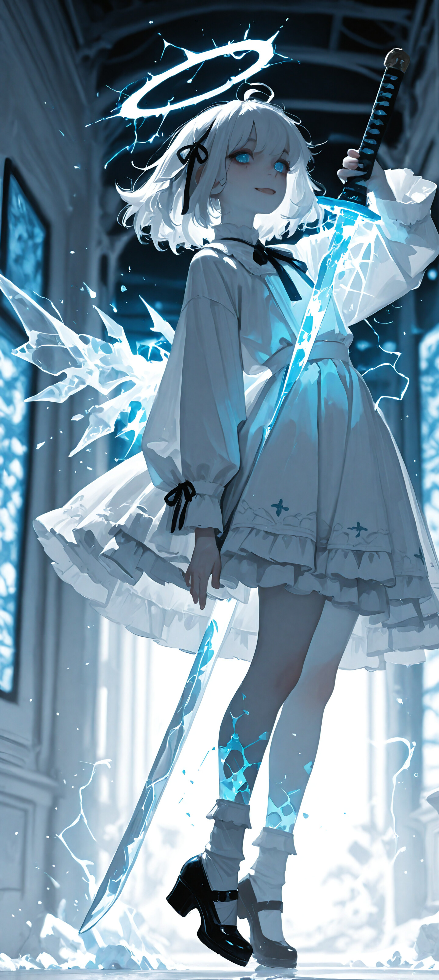 A full-body illustration of an anime-style girl with short white hair, a black hair ribbon, and glowing blue eyes. She wears a white dress and black shoes, crouching low with a sinister smile while holding a glowing blue katana made of ice or energy. Blue lightning and ice shards surround her in a dark setting.