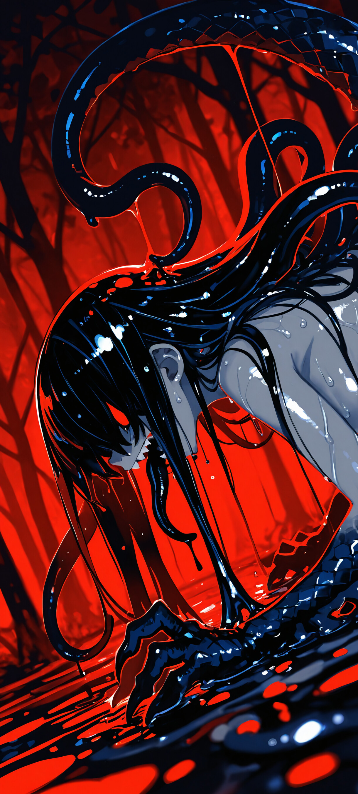 A terrifying monster girl with glowing red eyes and sharp teeth crawls towards the viewer, covered in dripping black slime against a dark red background.