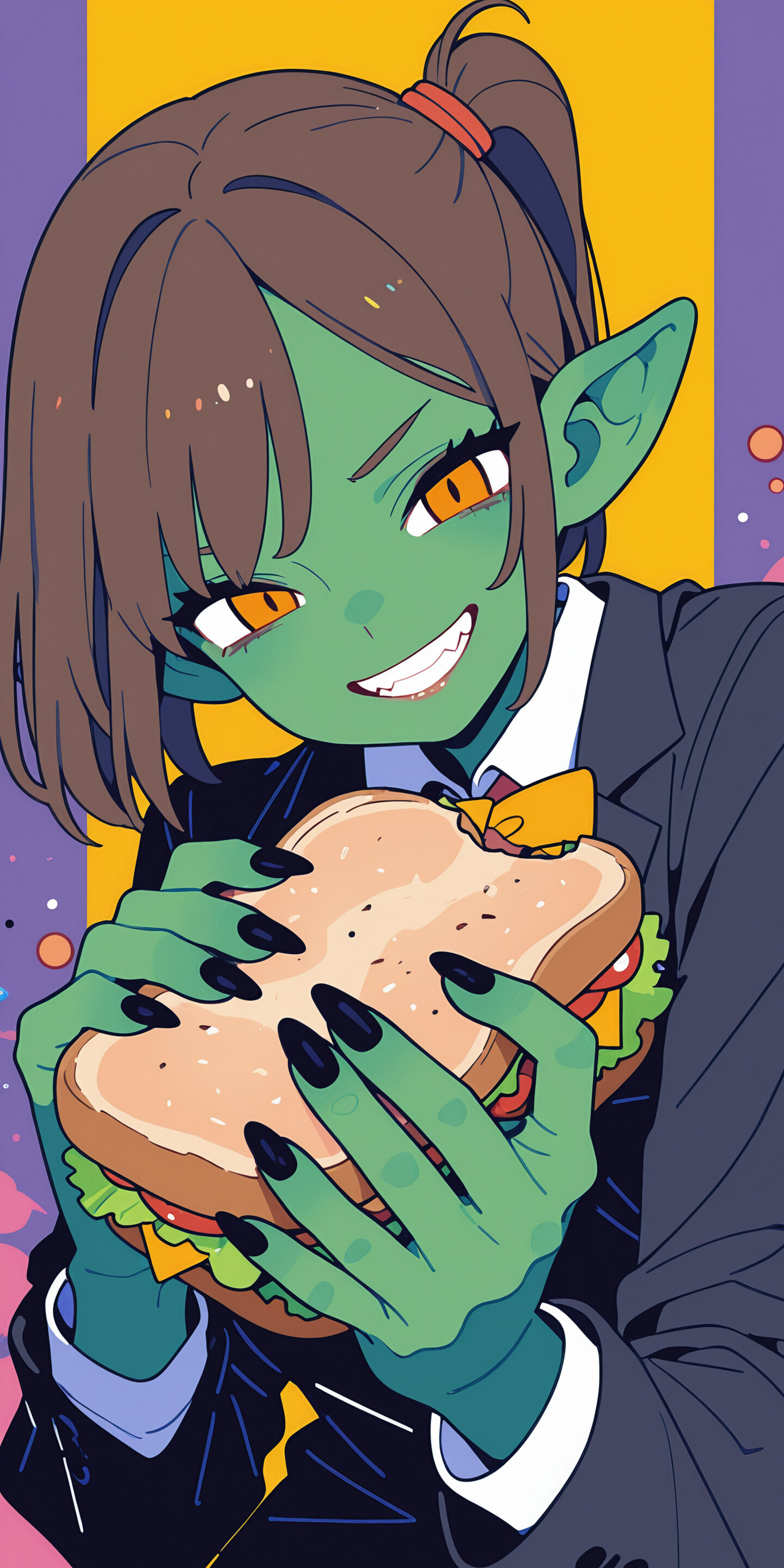 An anime illustration of a goblin girl with green skin and a side ponytail, wearing a suit and grinning as she holds a sandwich against a yellow background.