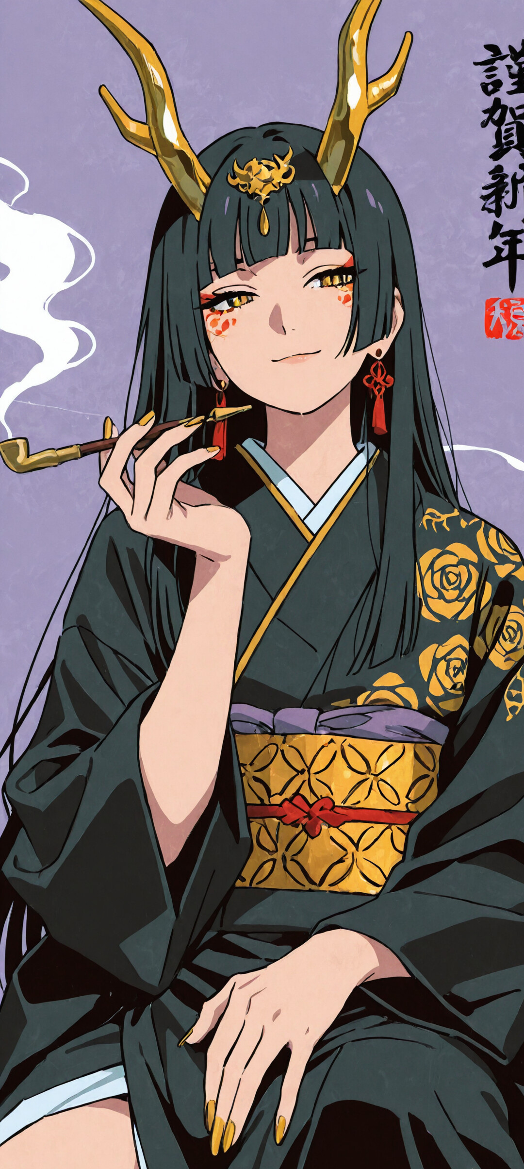 An anime-style illustration of a woman with black hair and golden dragon horns, wearing a black and gold kimono and smoking a traditional kiseru pipe against a purple background with Japanese New Year's text.