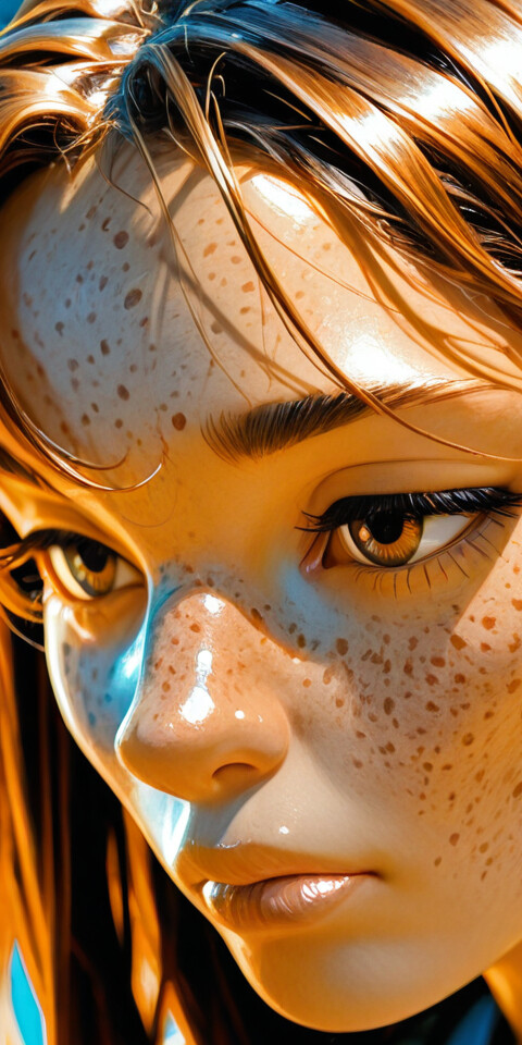 A close-up artistic portrait of a young woman's face with large hazel eyes, prominent freckles, and wet brown hair. She is bathed in warm, golden sunlight, giving her skin a dewy glow.